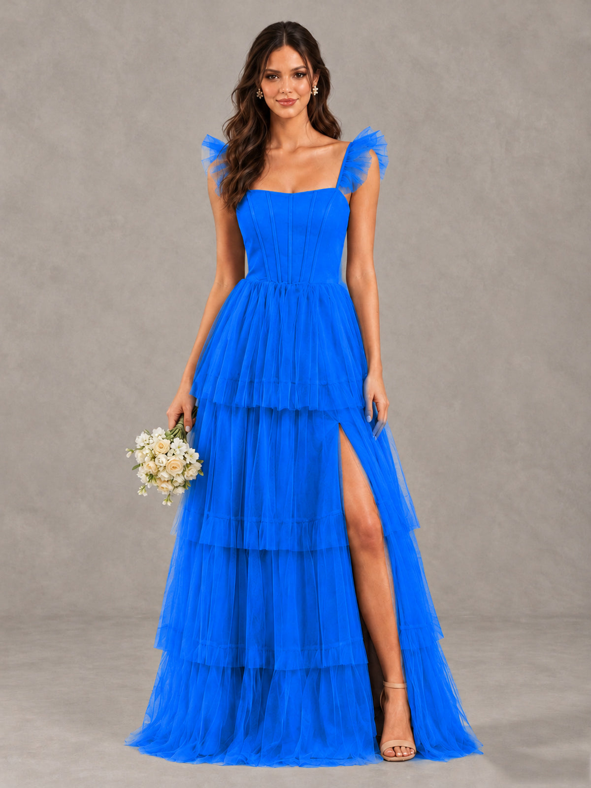 BOLODOO Blue Tiered Tulle Bridesmaid Dress with Slit - Blue - Blue (1)