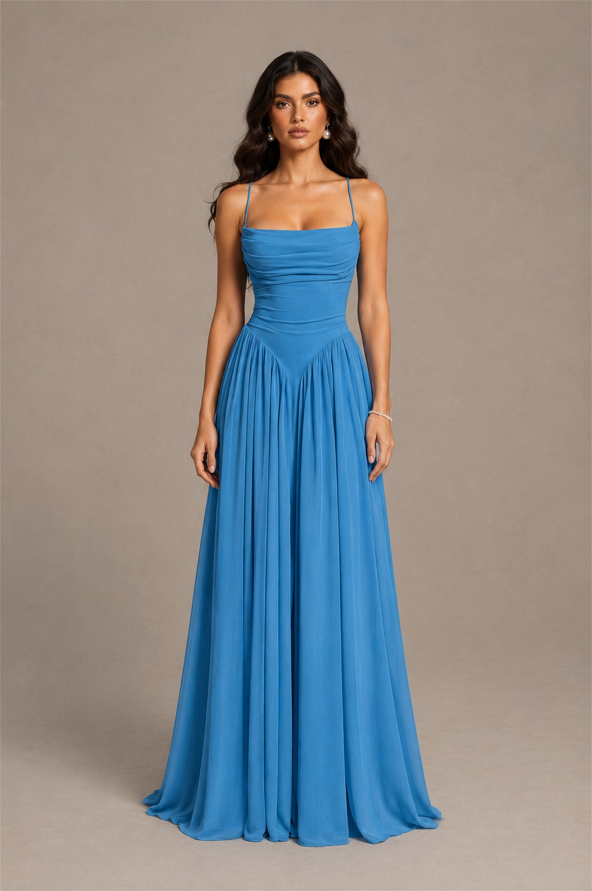 BOLODOO Blue Spaghetti Strap Square Neck Ruched Chiffon Maxi Dress with Lace-Up Back - Blue