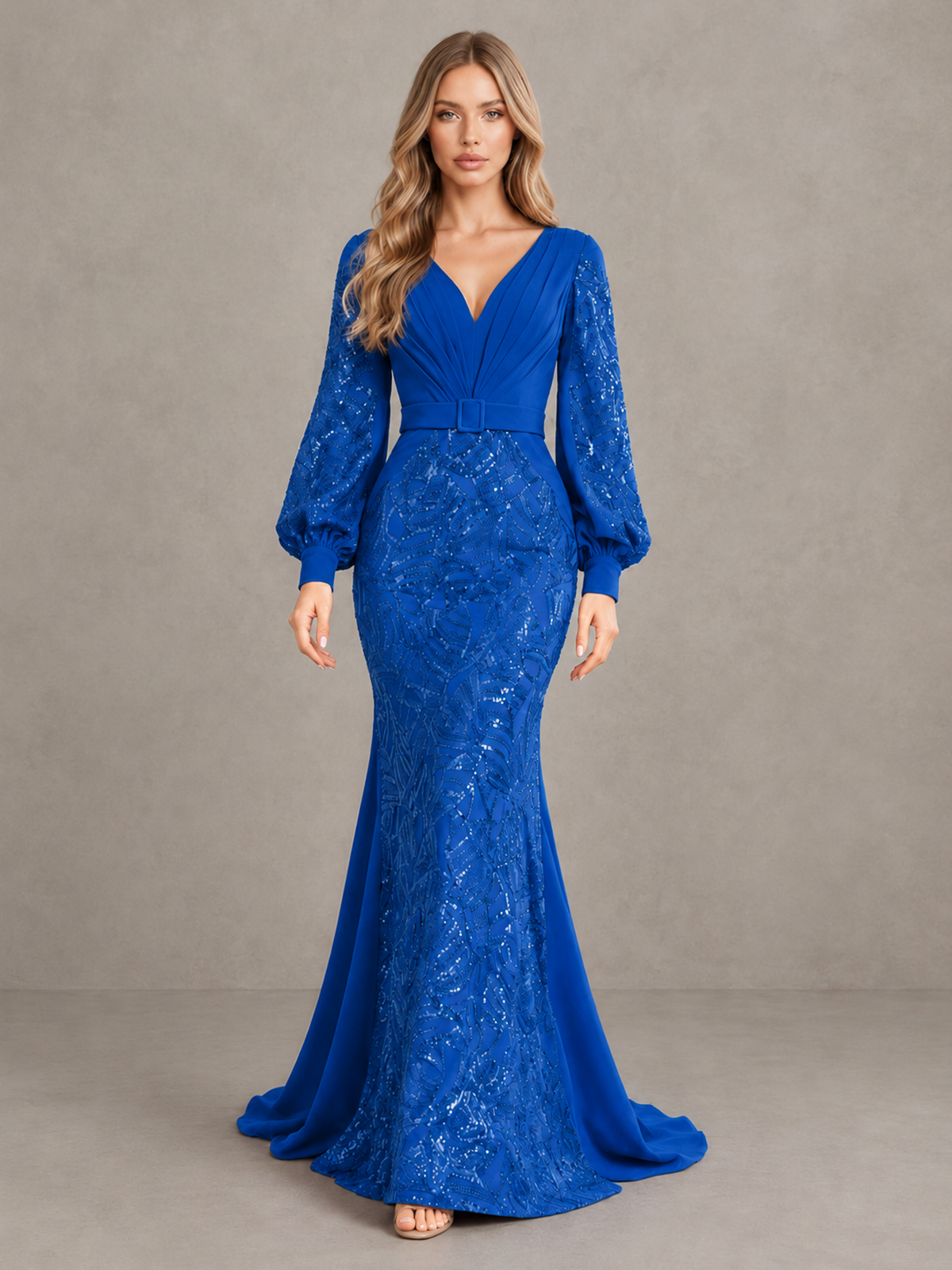 BOLODOO Blue Sequin Long Bishop Sleeve Mermaid Evening Dress - Blue - Blue (1)
