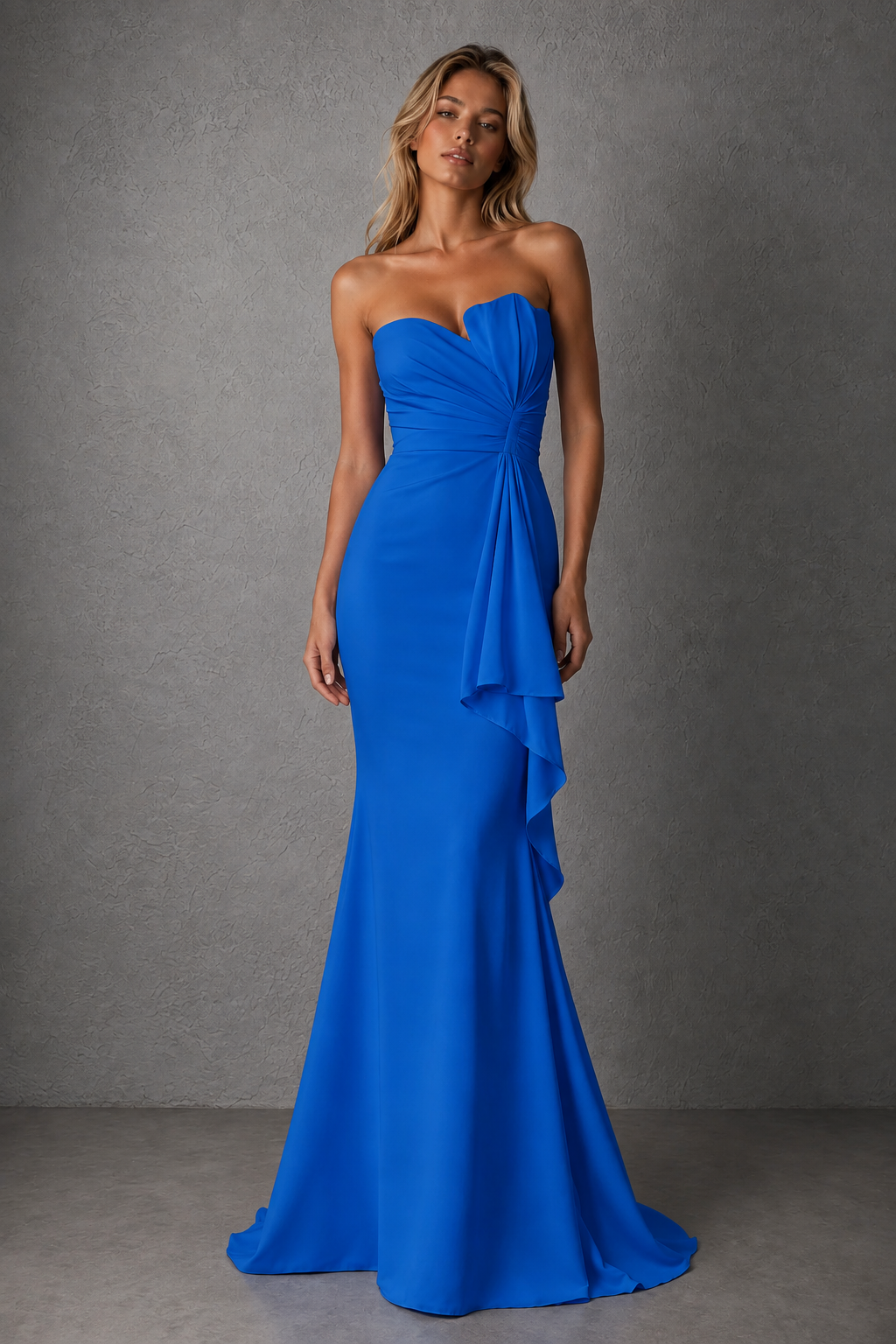 BOLODOO Blue Strapless Sweetheart Ruched Mermaid Gown | Cascade Drape Formal Evening Dress - Blue