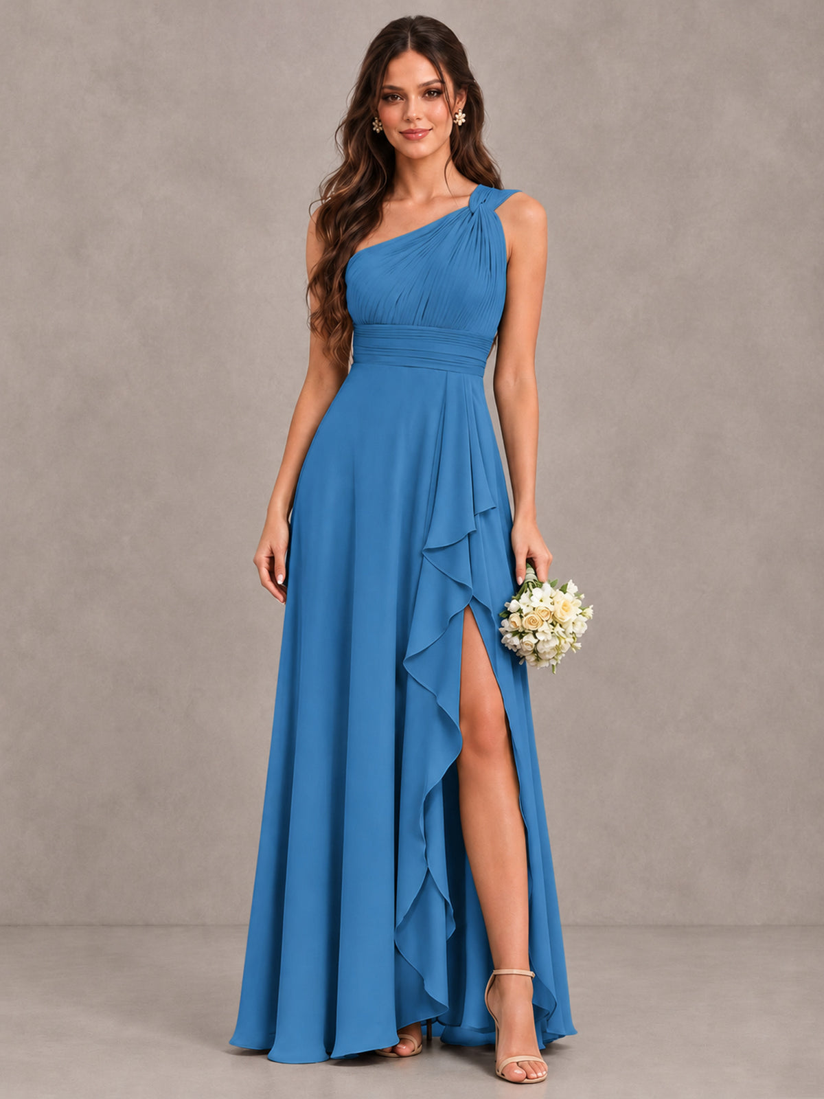 BOLODOO Blue One-Shoulder Ruffle Bridesmaid Dress with Slit - Blue - Blue (1)