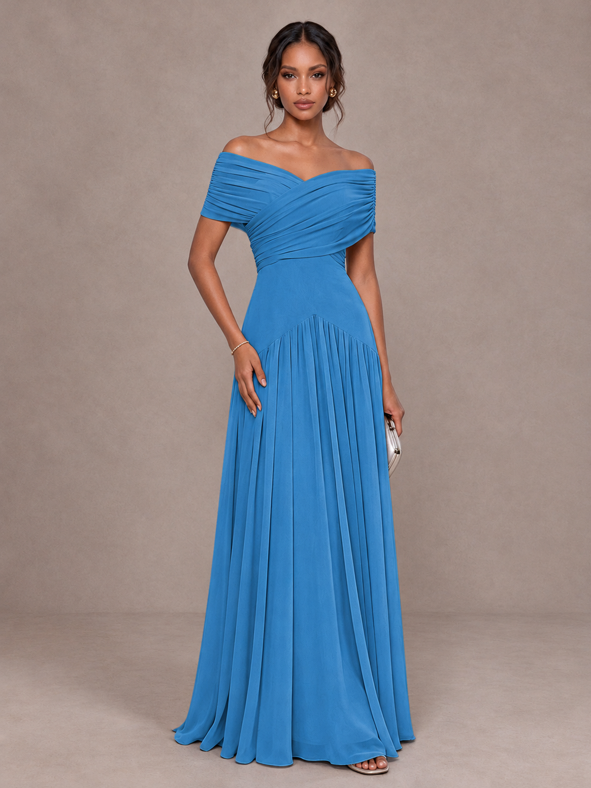 BOLODOO Blue Off-Shoulder Ruched A-Line Bridesmaid Dress - Blue - Blue (1)