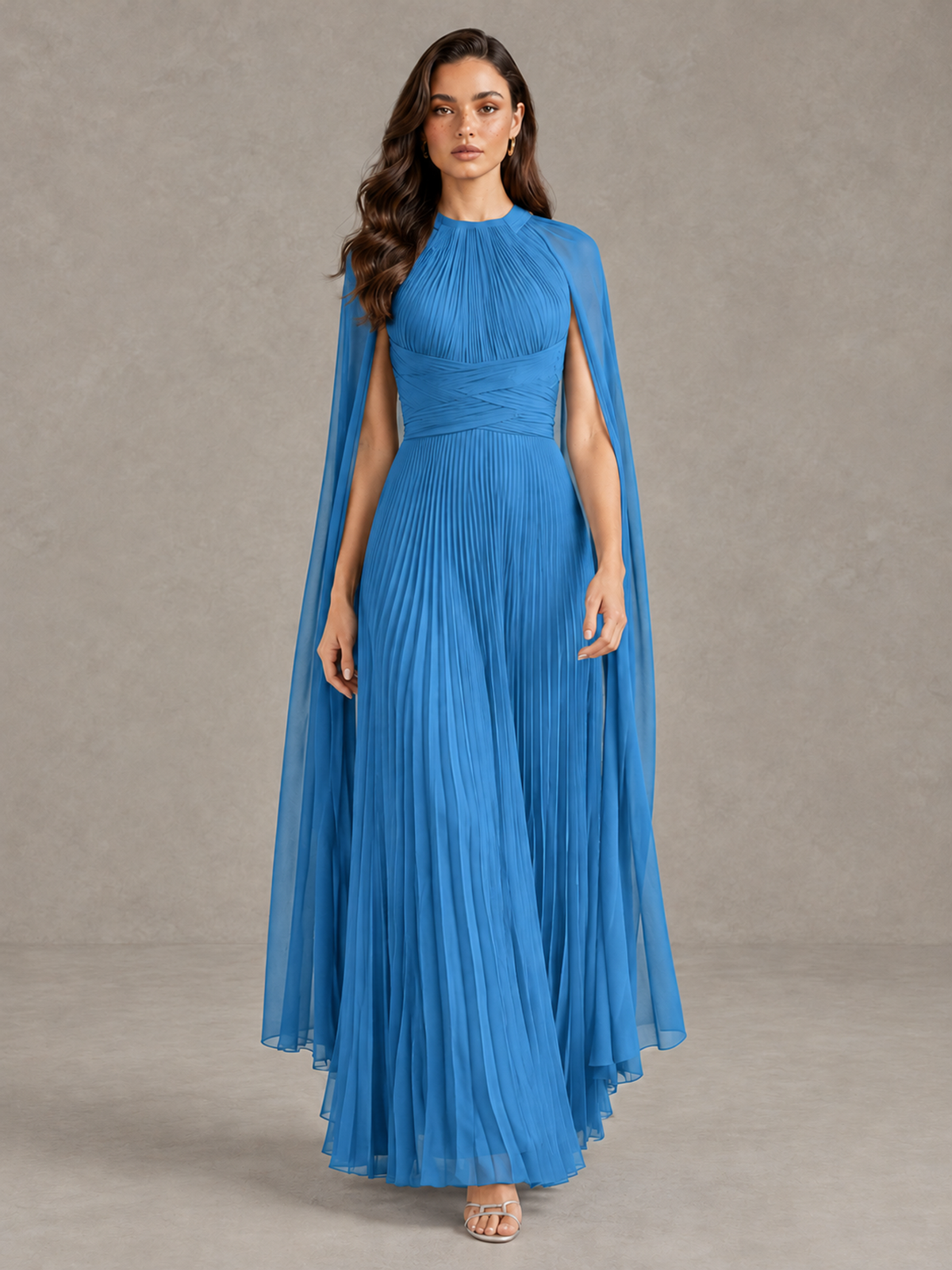 BOLODOO Blue Pleated Cape Maxi Wedding Guest Dress - Blue - Blue (1)