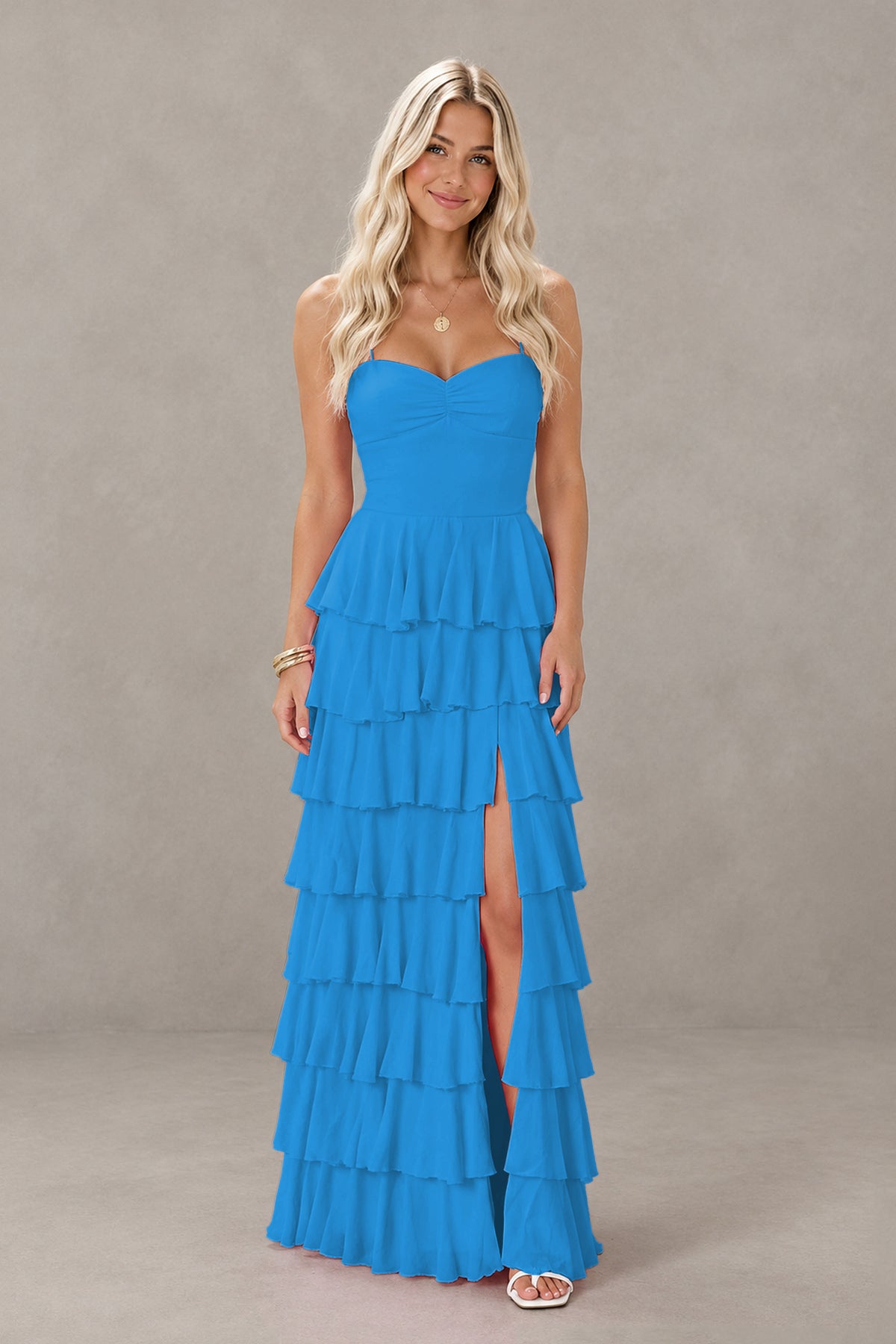 BOLODOO Blue Strapless Tiered Ruffle Maxi Dress with Slit & Lace-Up Back - Blue