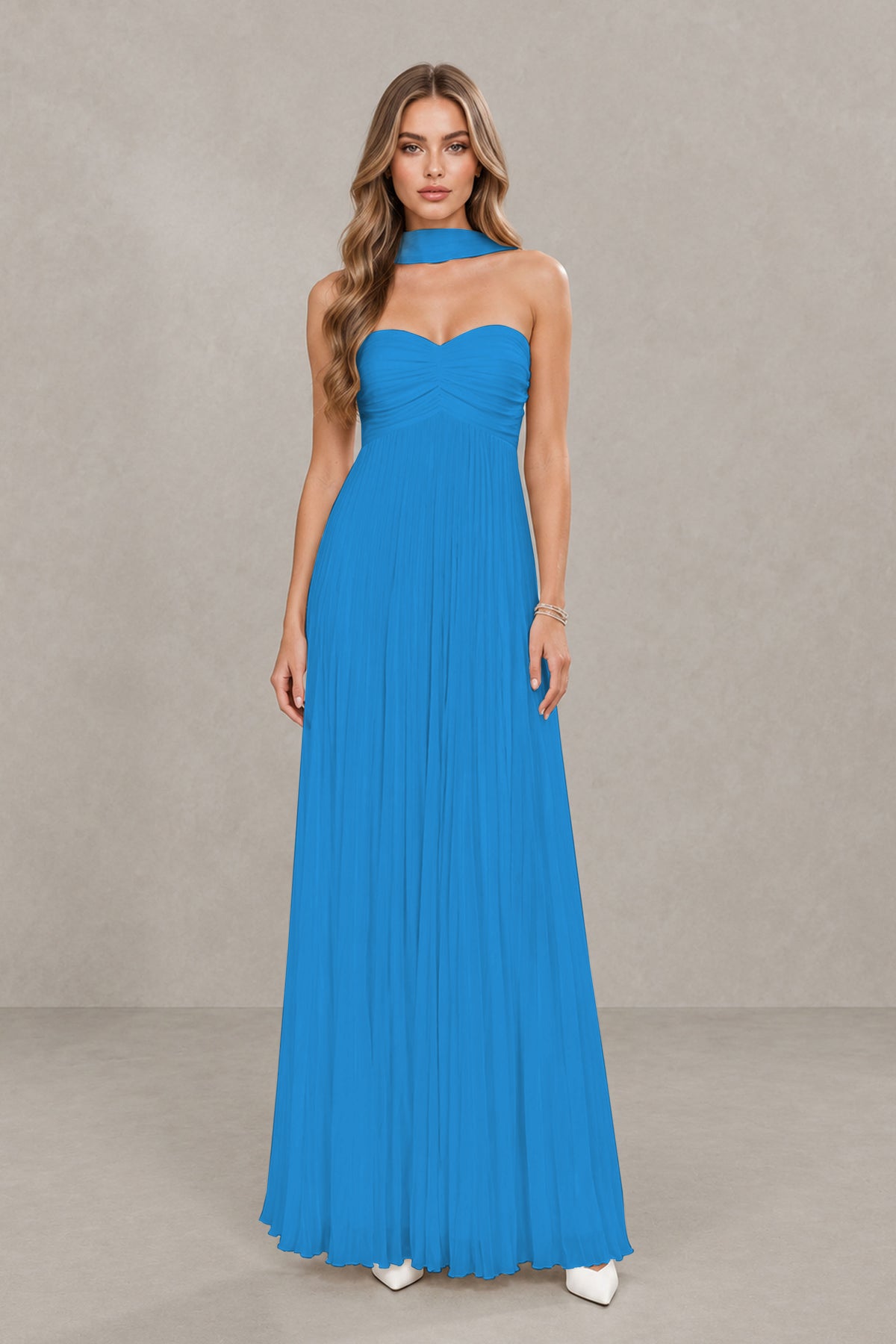 BOLODOO Blue Strapless Chiffon-Look Maxi Dress with Lace-Up Back & Cape - Blue