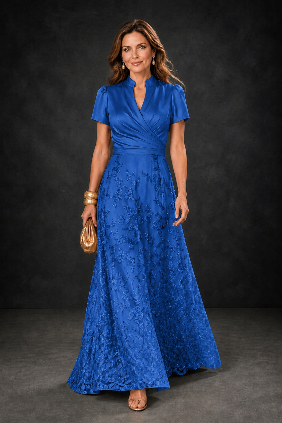BOLODOO Blue Satin Wrap V-Neck Short Sleeve Lace Glitter A-Line Floor Length Evening Gown – Formal Dress - Blue - Blue (1)
