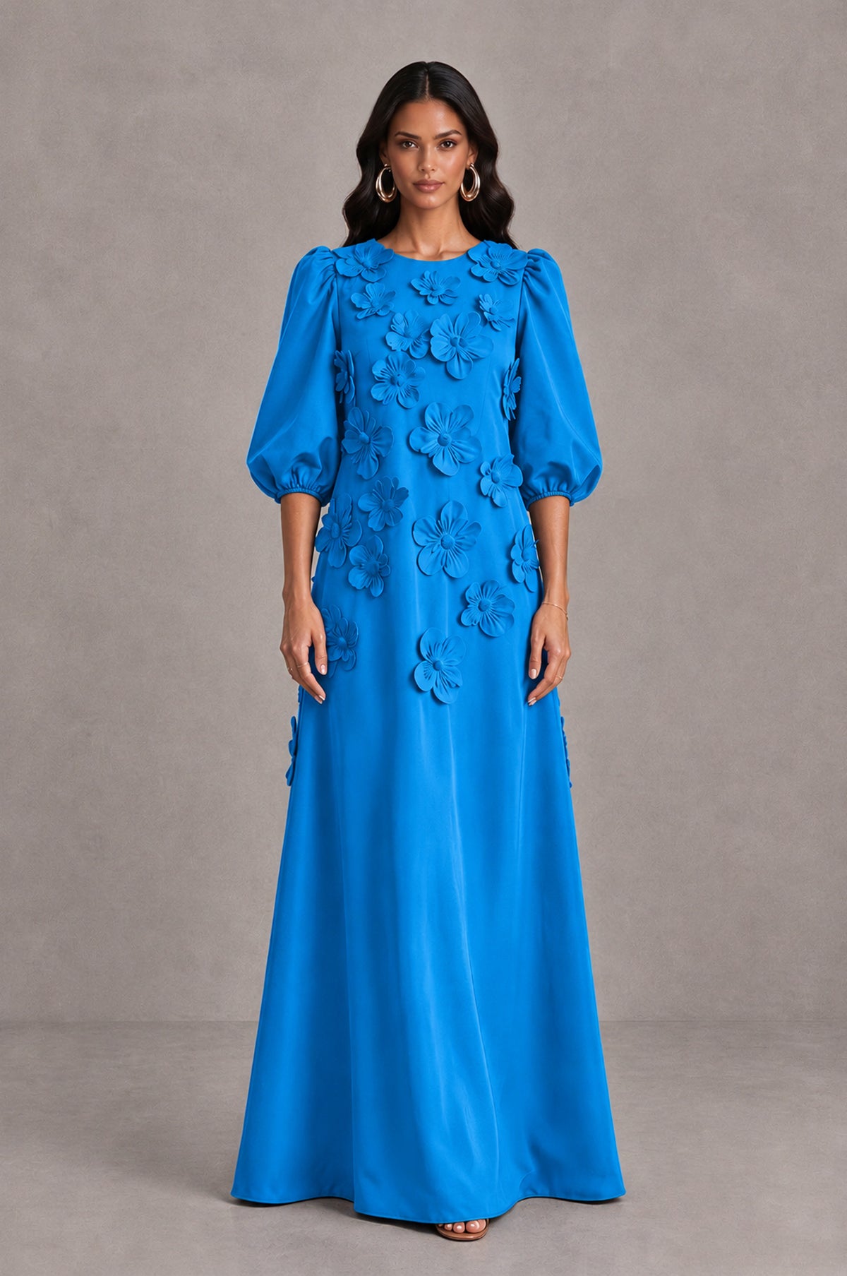 BOLODOO Blue Floral Applique Puff Sleeve A-Line Evening Dress - Blue - Blue (1)