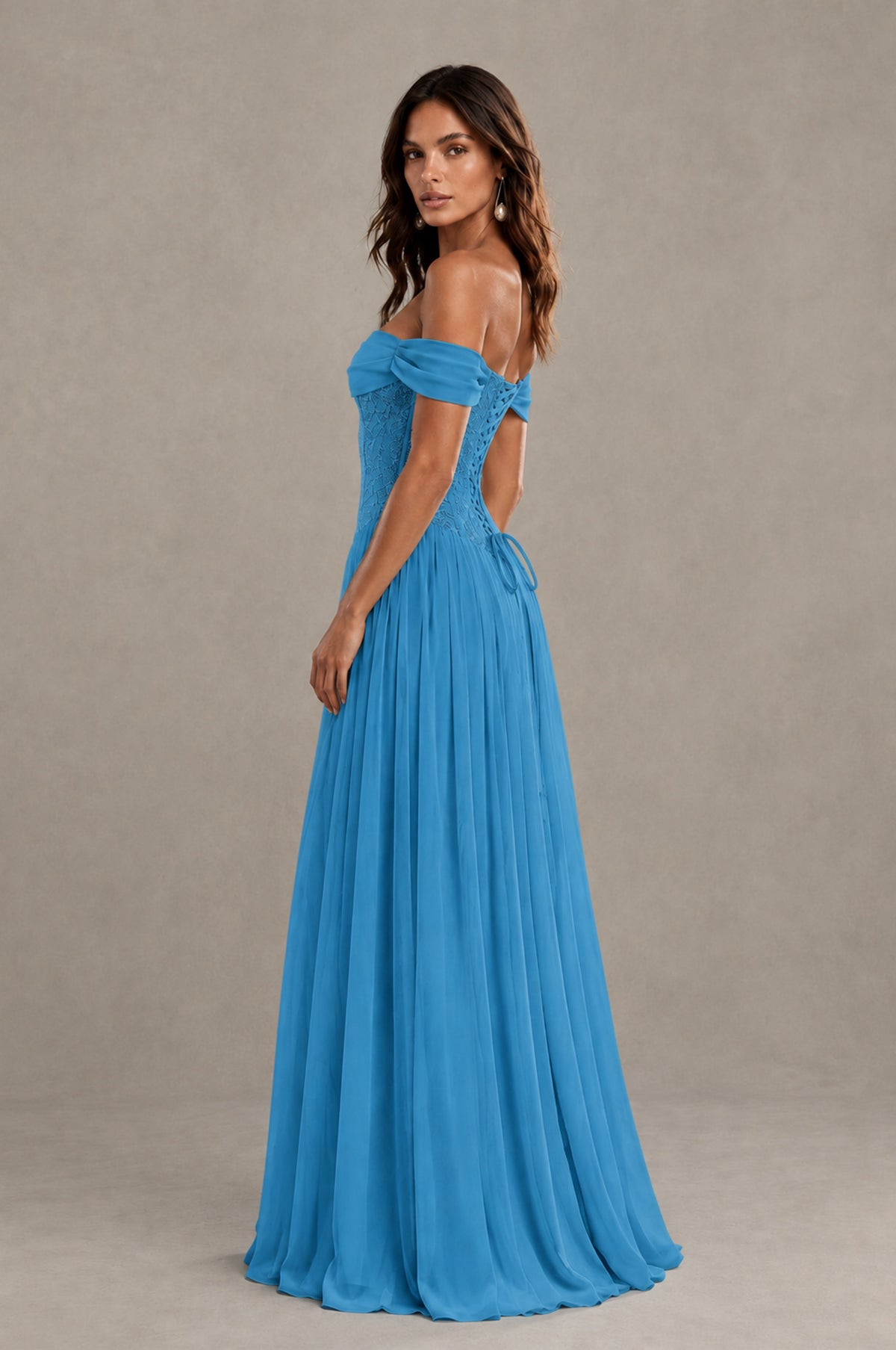 BOLODOO Blue Off-Shoulder Lace Corset Tulle Maxi Dress - Blue - Blue (2)