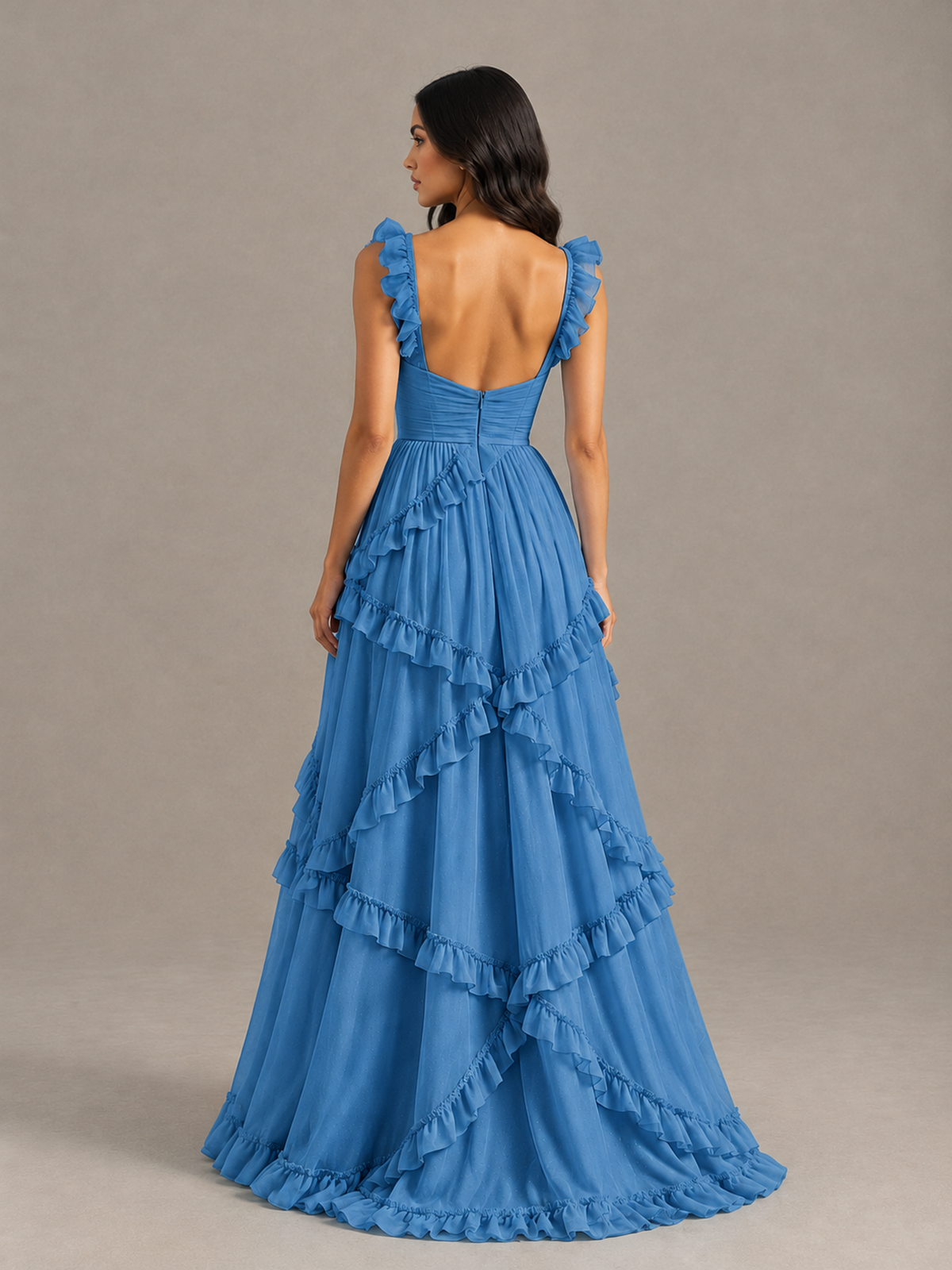 BOLODOO Blue Ruffle A-Line Prom Dress with Open Back - Blue - Blue (2)