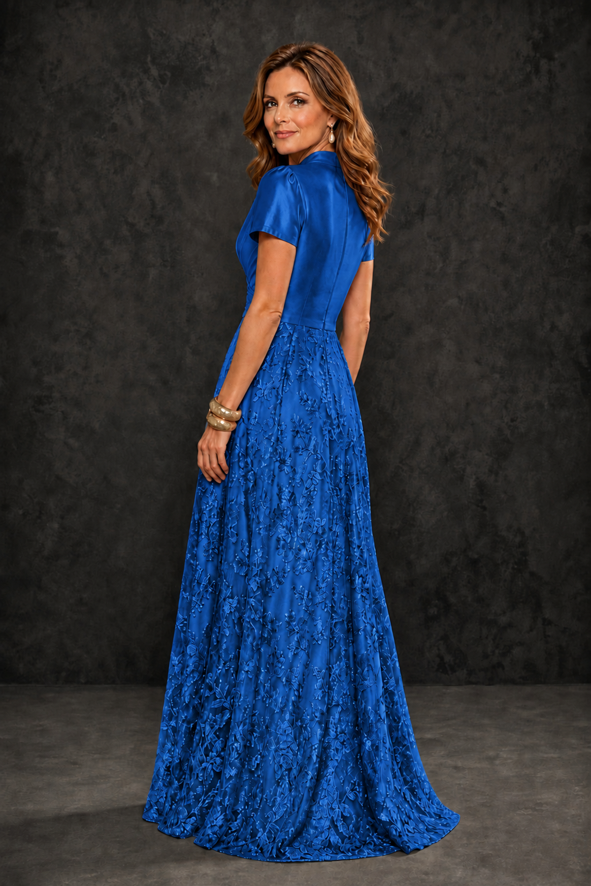 BOLODOO Blue Satin Wrap V-Neck Short Sleeve Lace Glitter A-Line Floor Length Evening Gown – Formal Dress - Blue - Blue (2)