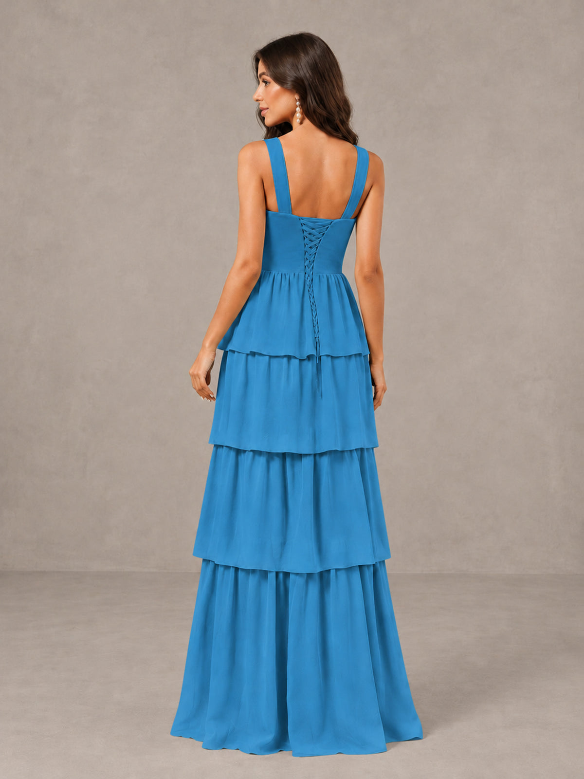 BOLODOO Blue Square Neck Tiered Bridesmaid Dress with Slit - Blue - Blue (2)