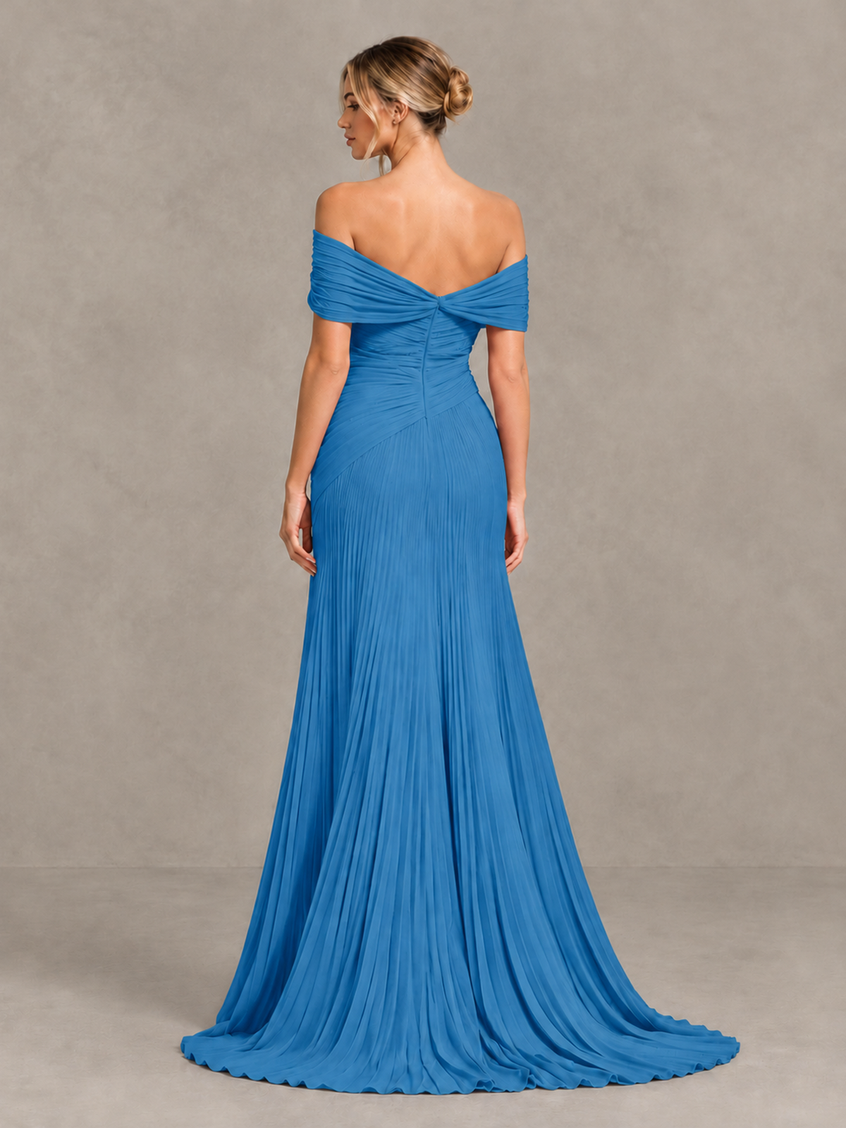BOLODOO Blue Off-Shoulder Ruched Pleated Maxi Dress with High Slit - Blue - Blue (2)