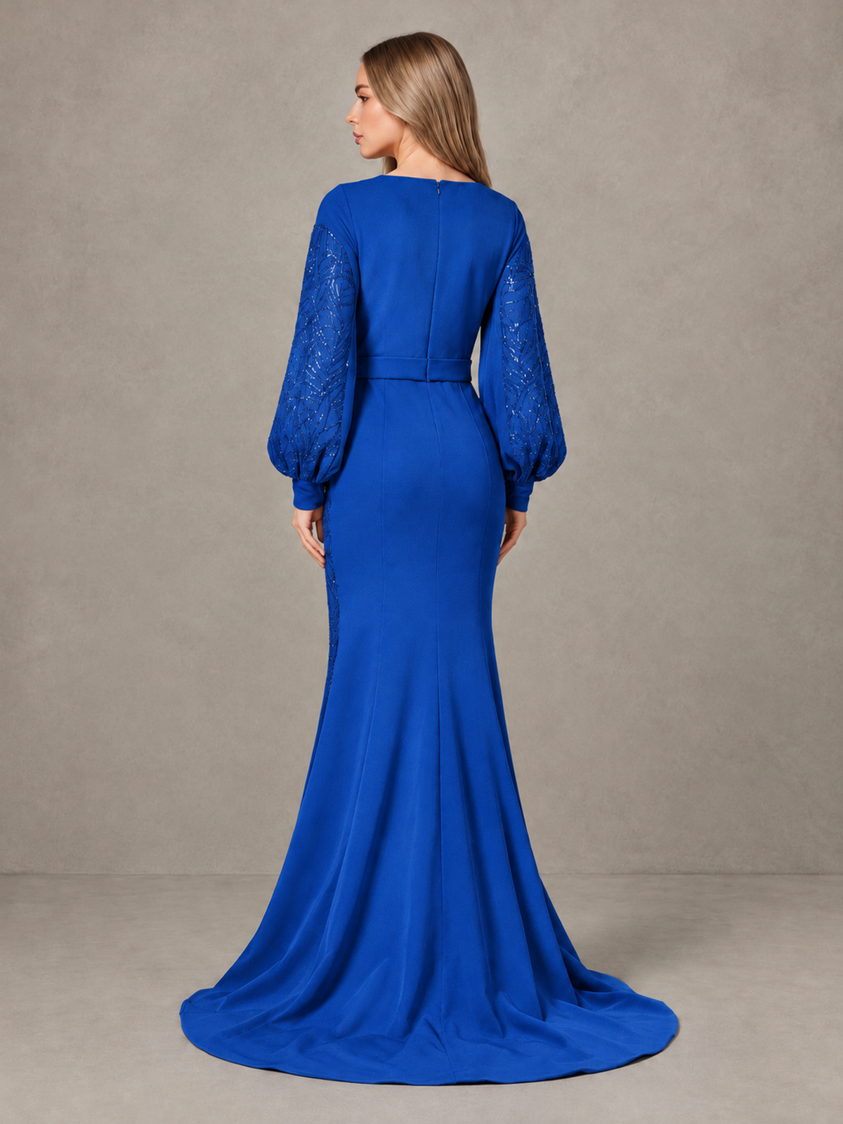 BOLODOO Blue Sequin Long Bishop Sleeve Mermaid Evening Dress - Blue - Blue (2)