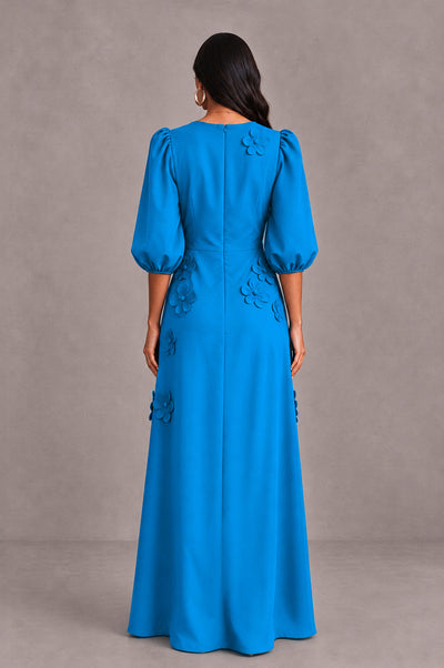 BOLODOO Blue Floral Applique Puff Sleeve A-Line Evening Dress - Blue - Blue (2)