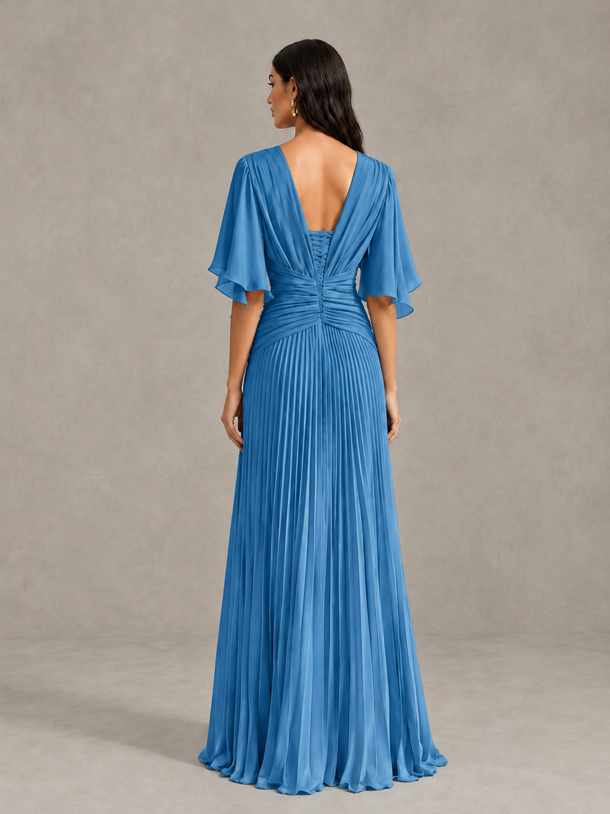 BOLODOO Blue Pleated V-Neck Flutter Sleeve Bridesmaid Dress - Blue - Blue (2)