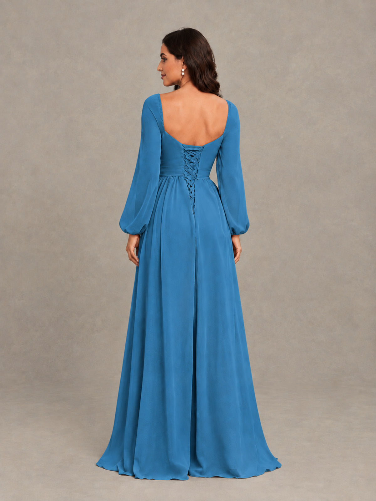 BOLODOO Blue Long Sleeve Chiffon Bridesmaid Dress with Slit - Blue - Blue (2)