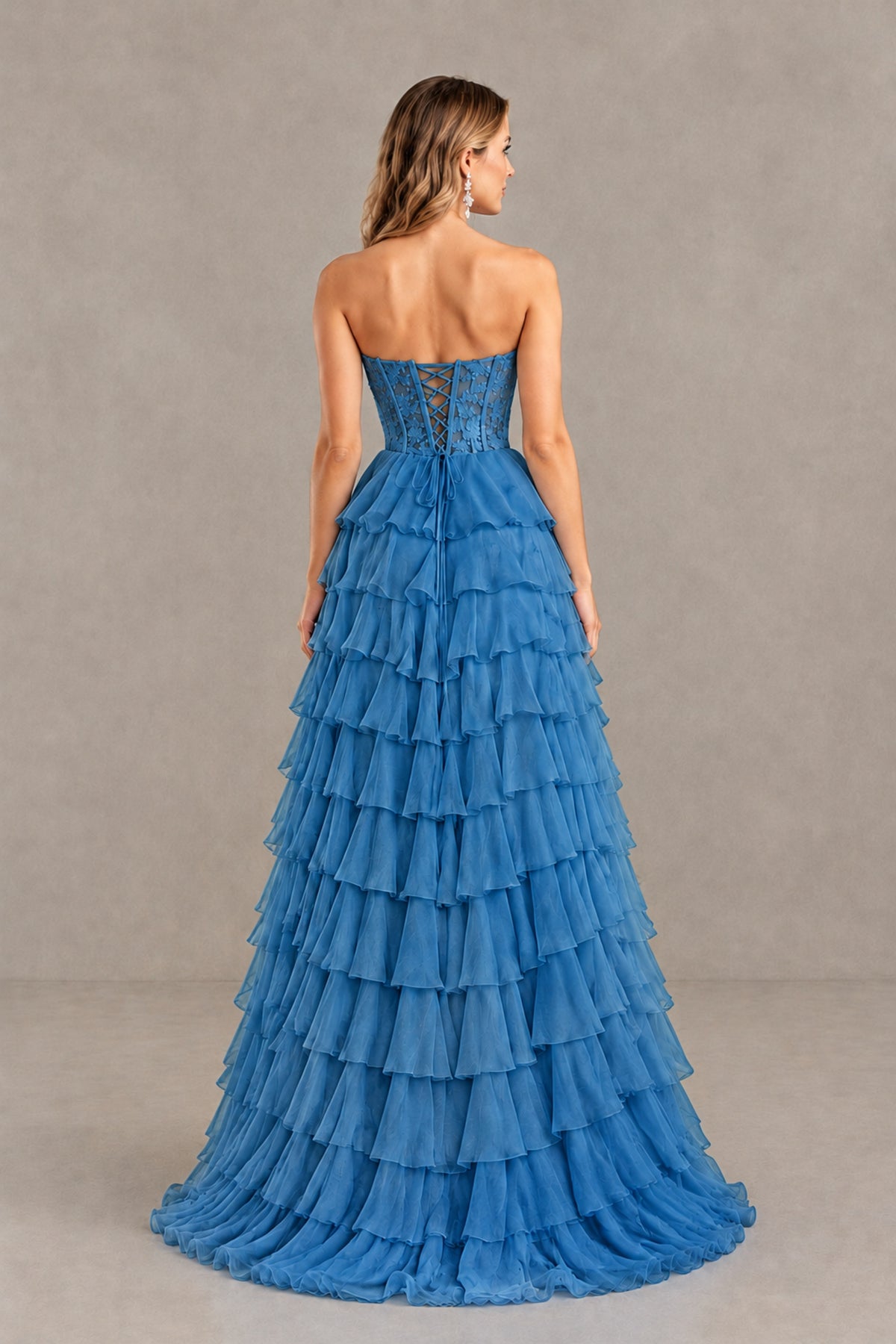 BOLODOO Blue Strapless Lace Corset Tiered Ruffle Prom Dress with Slit - Blue - Blue (2)