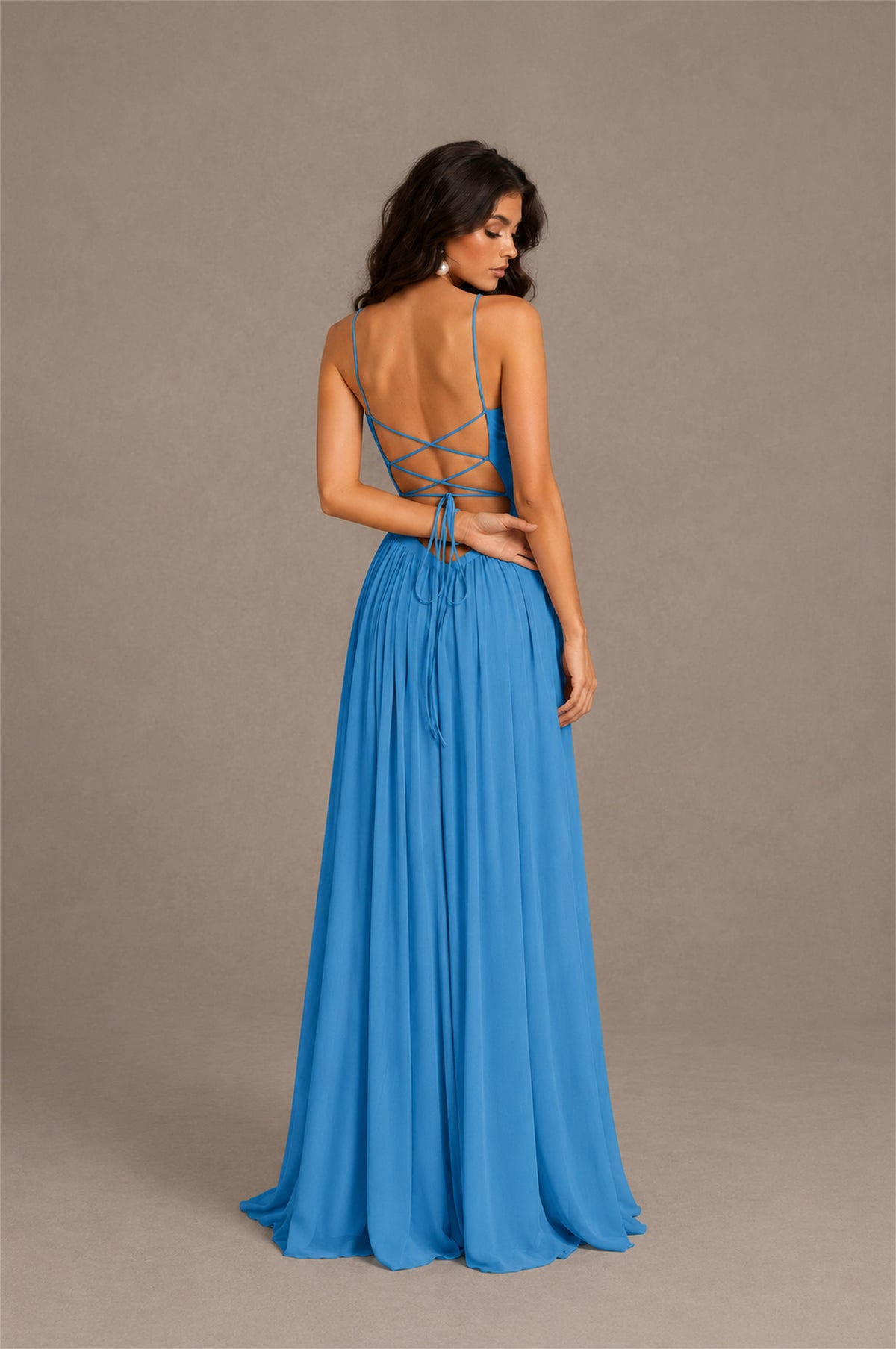 BOLODOO Blue Spaghetti Strap Square Neck Ruched Chiffon Maxi Dress with Lace-Up Back - Blue