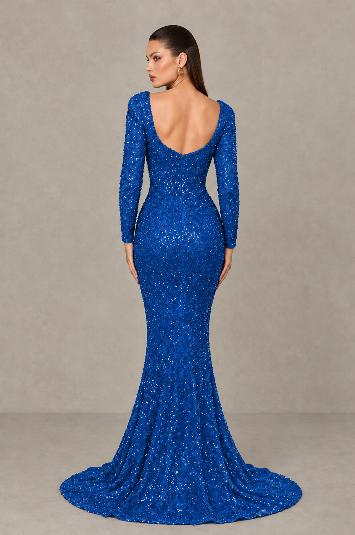 BOLODOO Blue Sequin Long Sleeve Evening Gown with High Slit - Blue - Blue (2)