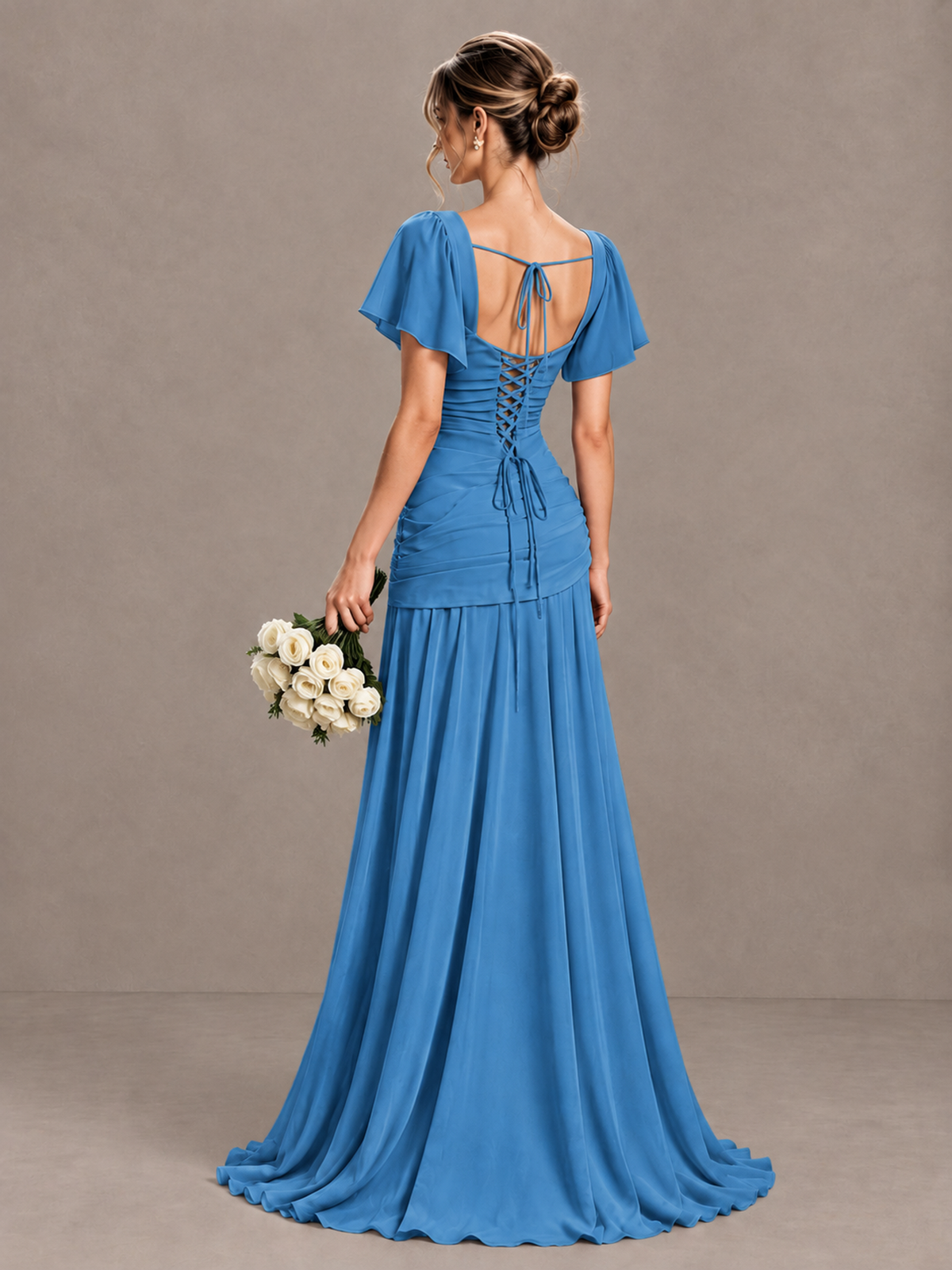 BOLODOO Blue Flutter Sleeve Lace-Up Back Maxi Dress - Blue - Blue (2)