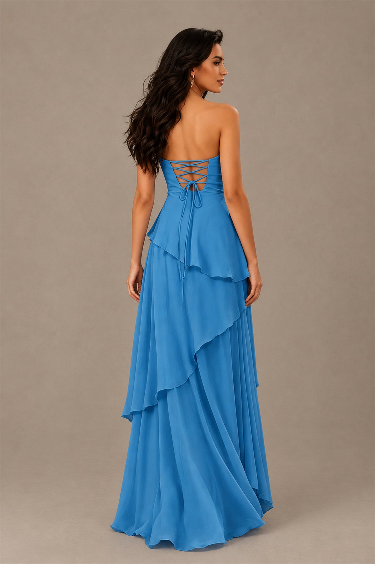 BOLODOO Blue Strapless Sweetheart Knotted Chiffon Tiered Maxi Dress with Lace-Up Back - Blue