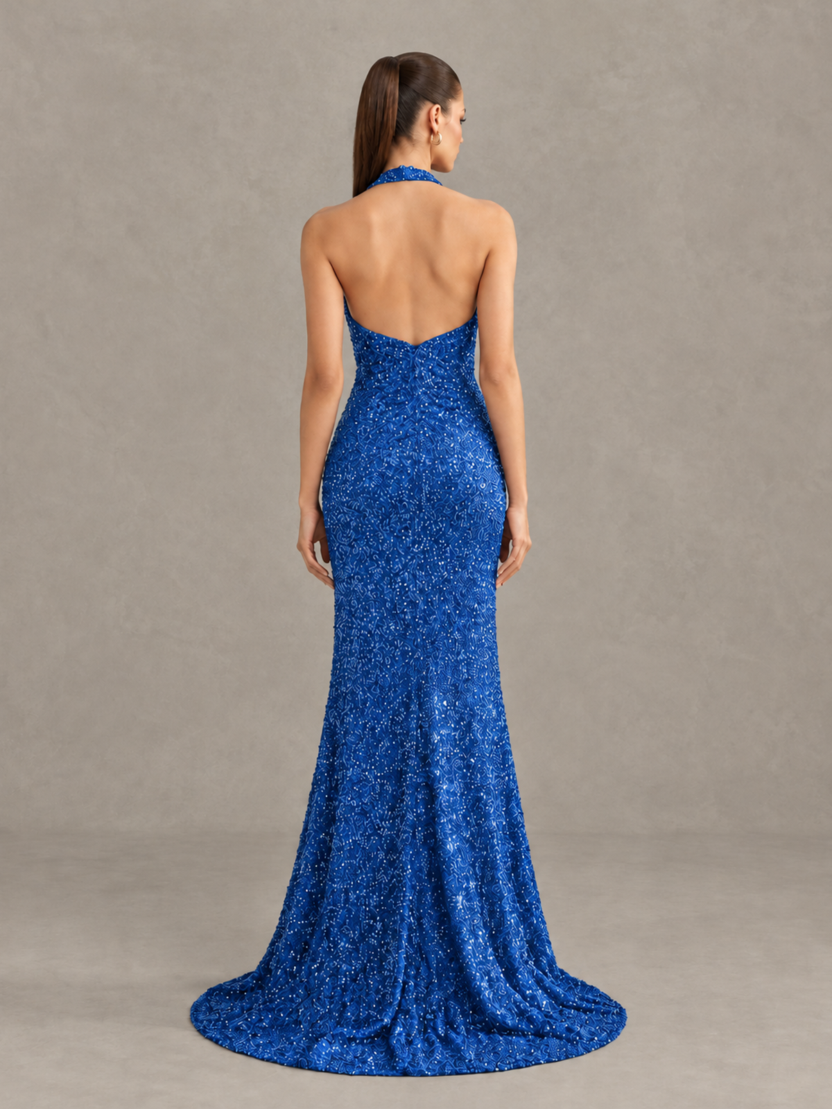 BOLODOO Blue Sequin Halter Open Back Evening Gown with High Slit - Blue - Blue (2)