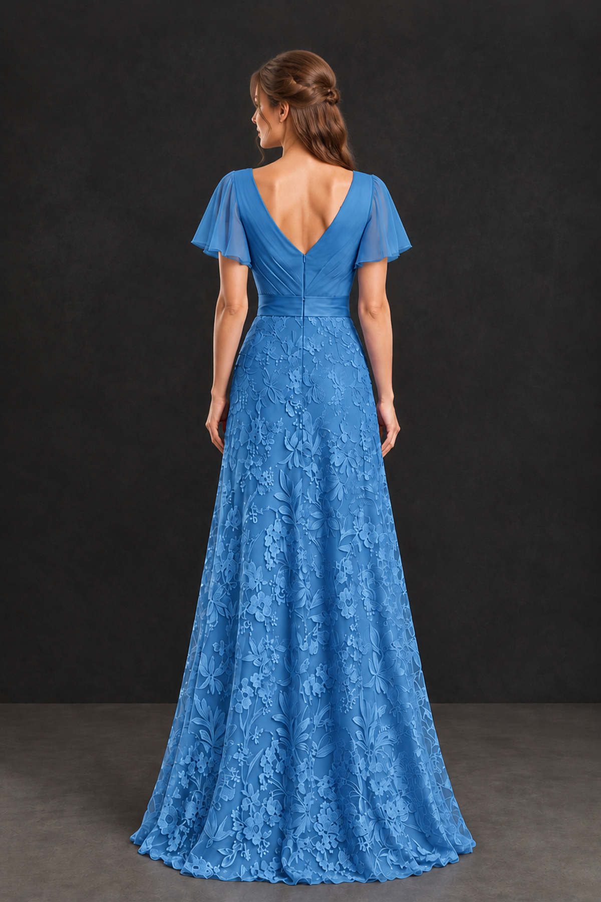 BOLODOO Blue Flutter Sleeve Lace Mother of the Bride Dress - Blue