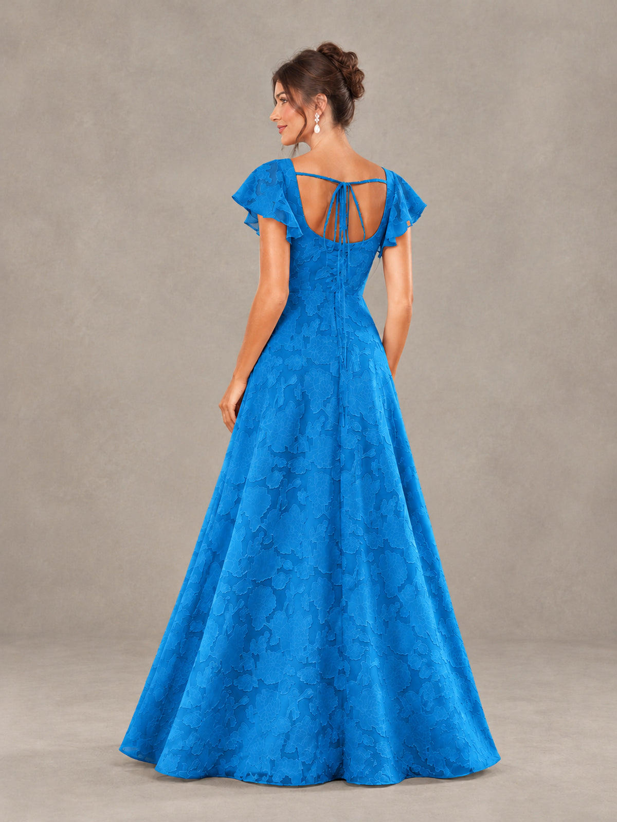 BOLODOO Blue Floral Flutter Sleeve Bridesmaid Dress with Slit - Blue - Blue (2)