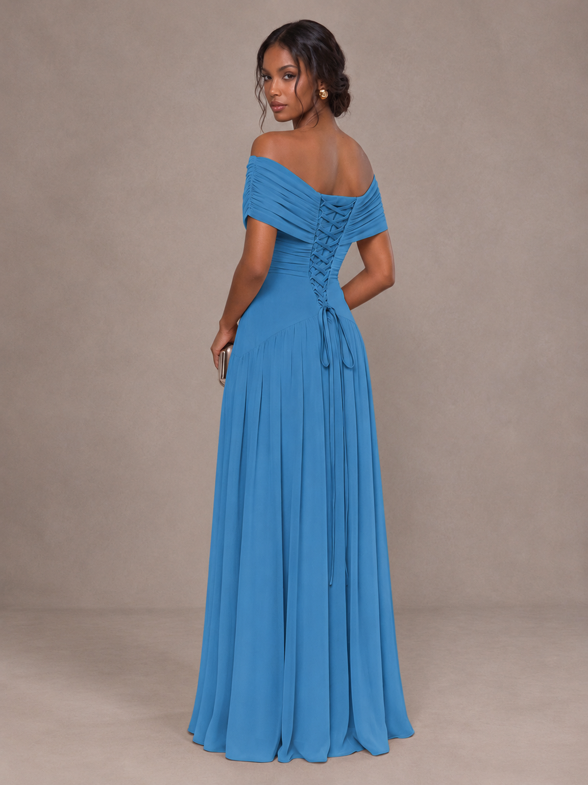 BOLODOO Blue Off-Shoulder Ruched A-Line Bridesmaid Dress - Blue - Blue (2)