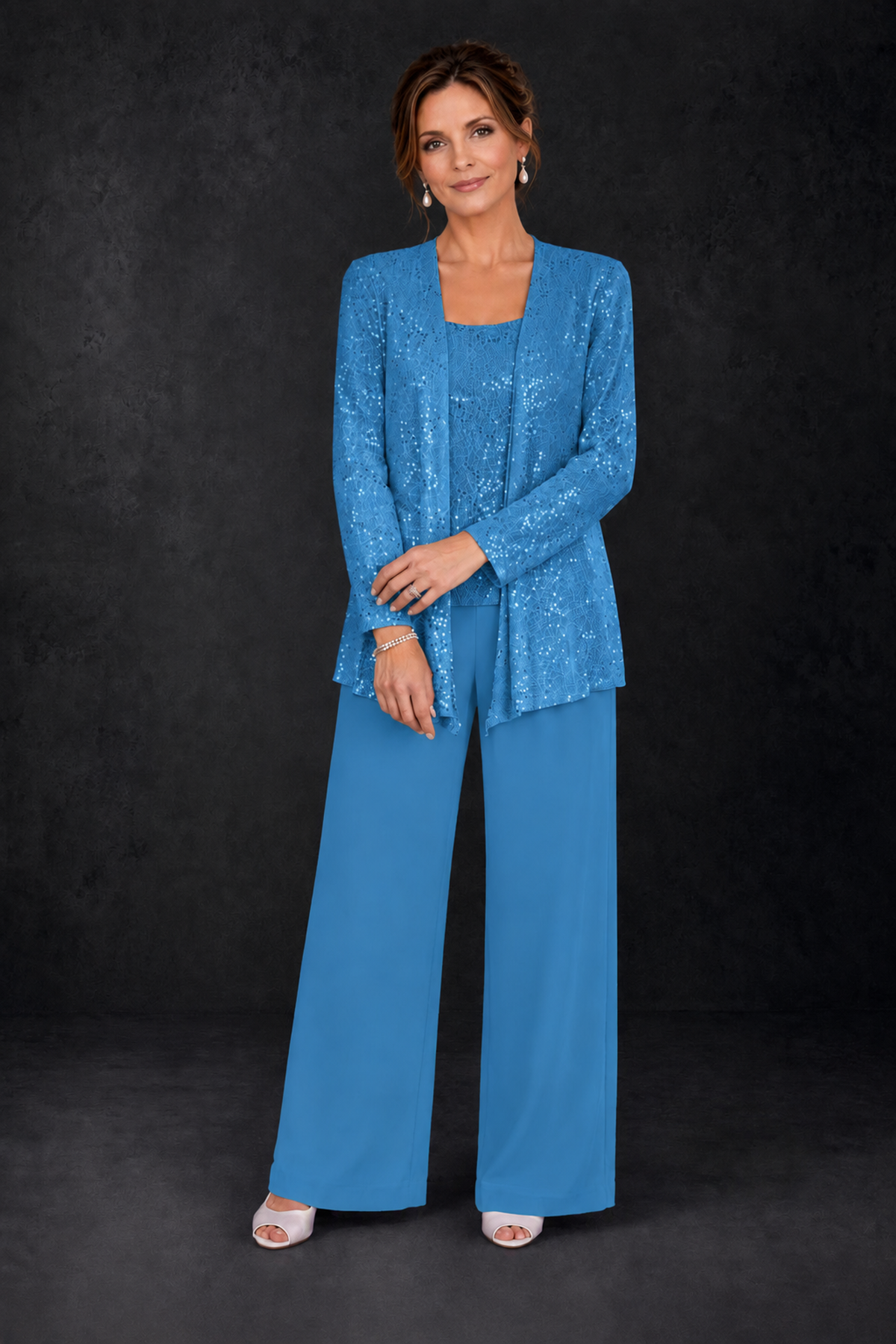 BOLODOO Blue Sequin Lace 3-Piece Pant Suit with Long Sleeve Jacket - Blue - Blue (2)
