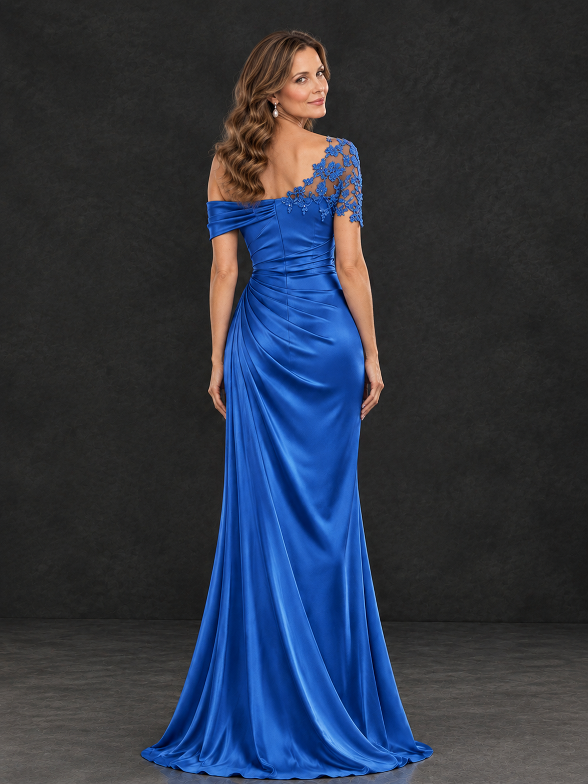 BOLODOO Blue Asymmetric Satin Mother of the Bride Dress with Lace Sleeve - Blue - Blue (2)