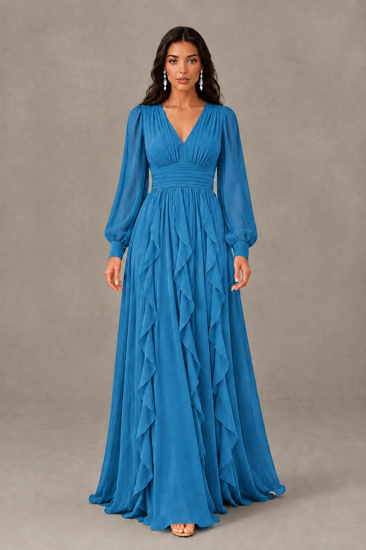 BOLODOO Blue Long Sleeve V-Neck Ruffle Maxi Dress - Blue - Blue (2)