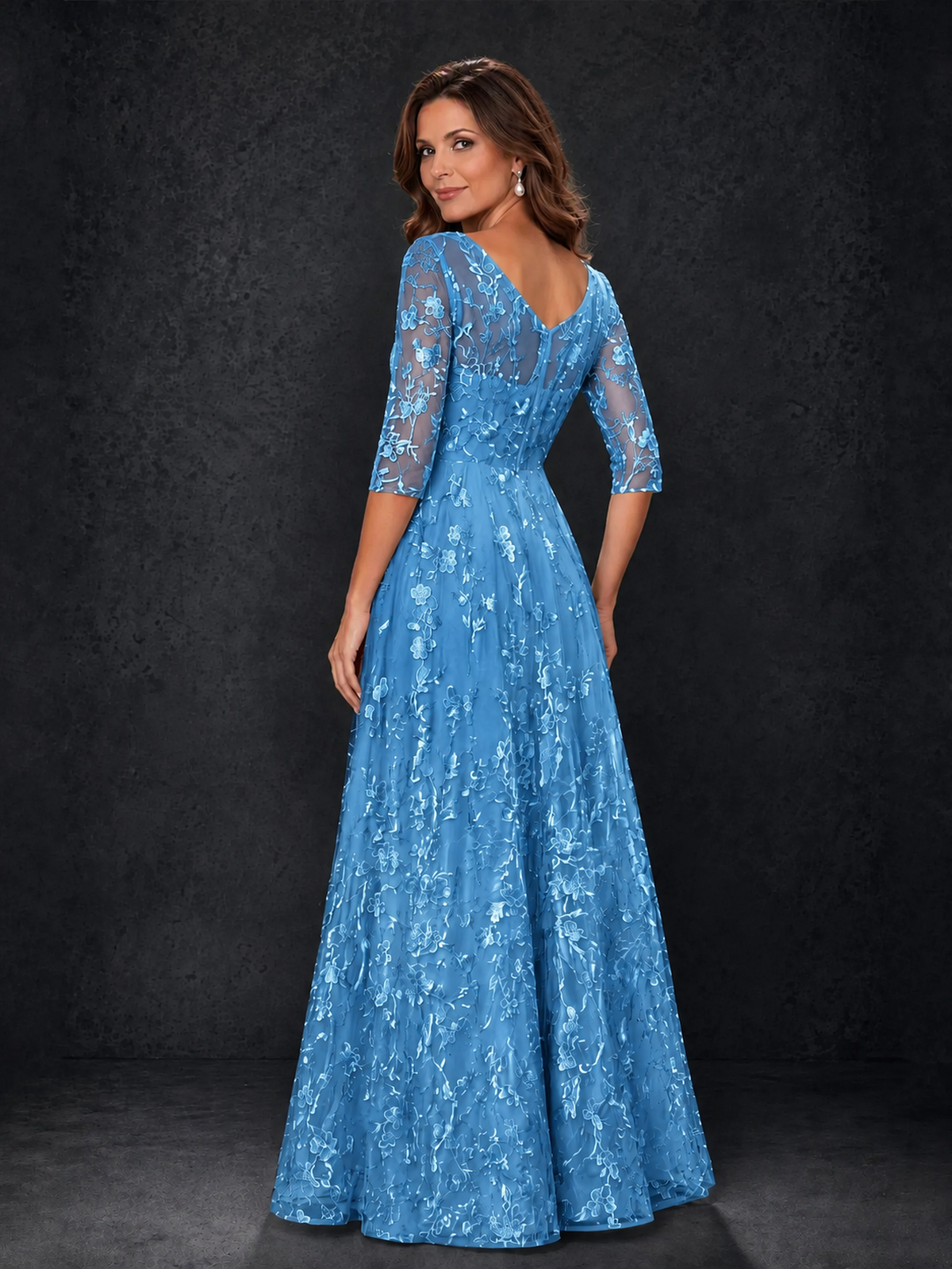 BOLODOO Blue Illusion Bateau Neck 3/4 Sleeve Floral Lace A-Line Mother of the Bride Dress MX007 - Blue
