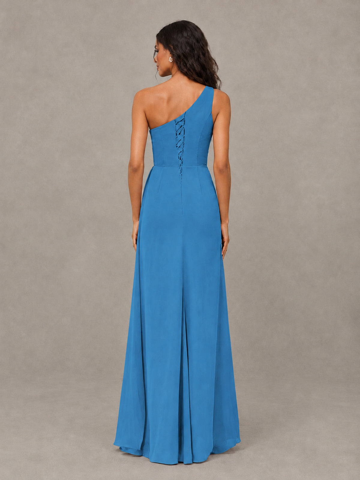 BOLODOO Blue One-Shoulder Chiffon Bridesmaid Dress with Ruched Bodice & High Slit - Blue - Blue (2)