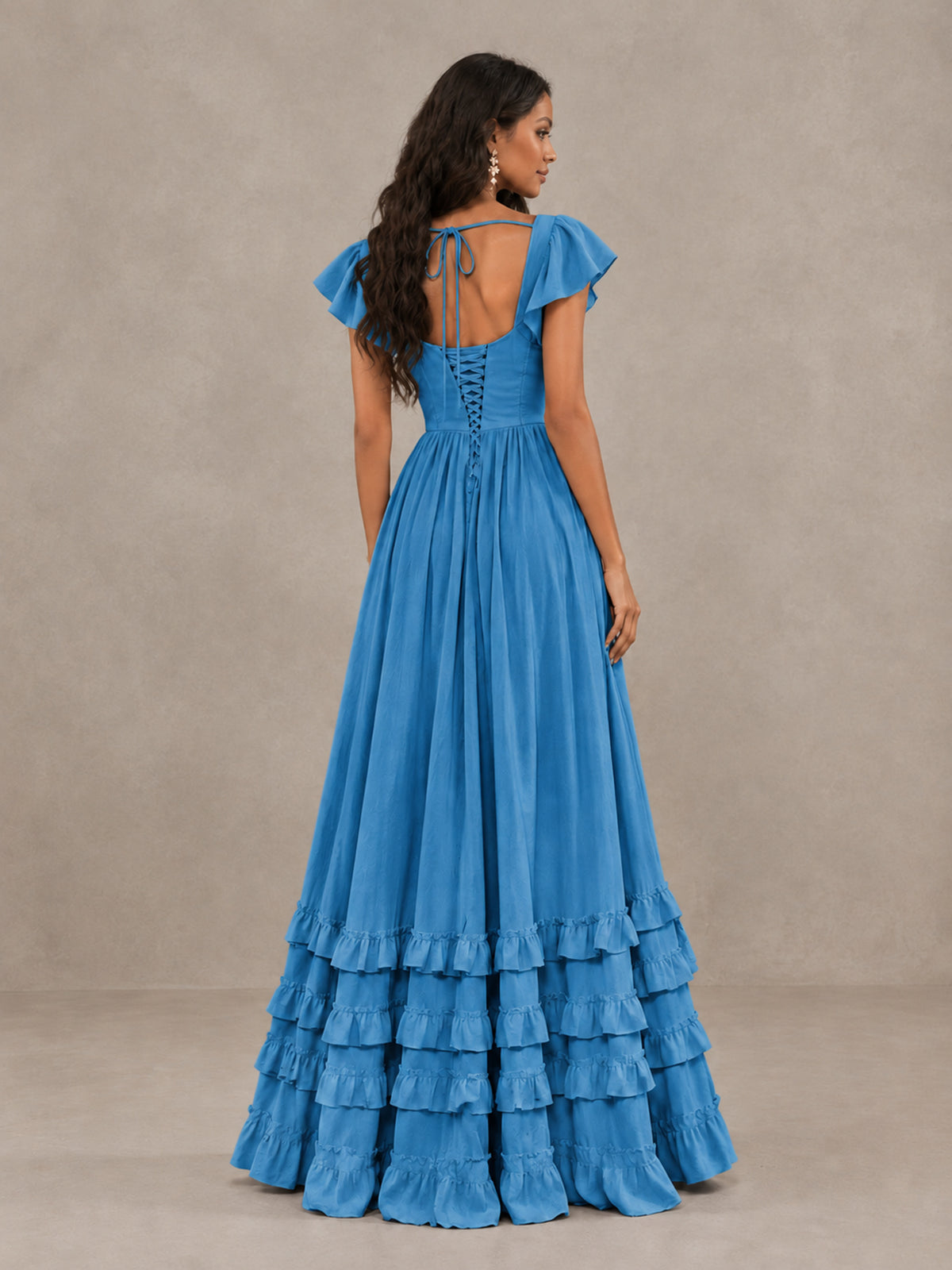 BOLODOO Blue Flutter Sleeve Ruffle Bridesmaid Dress with Slit - Blue - Blue (2)