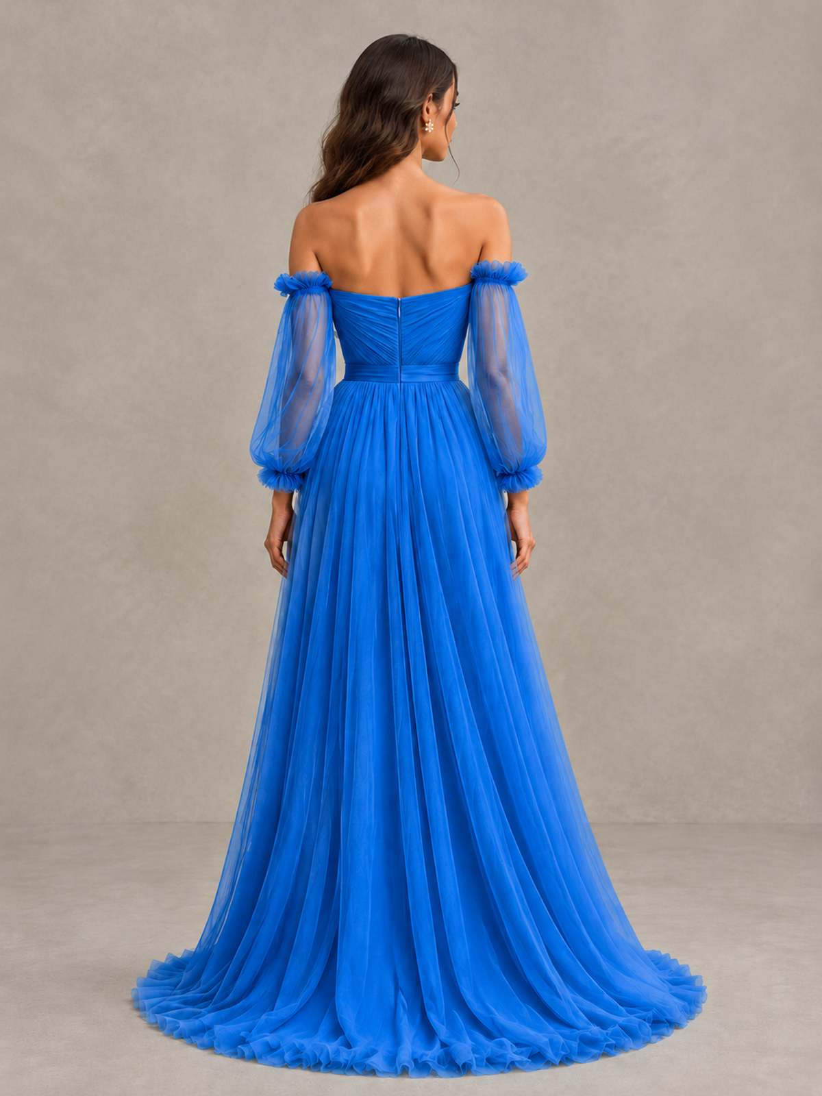BOLODOO Blue Off-the-Shoulder Long Sleeve A-Line Bridesmaid Dress - Blue - Blue (2)