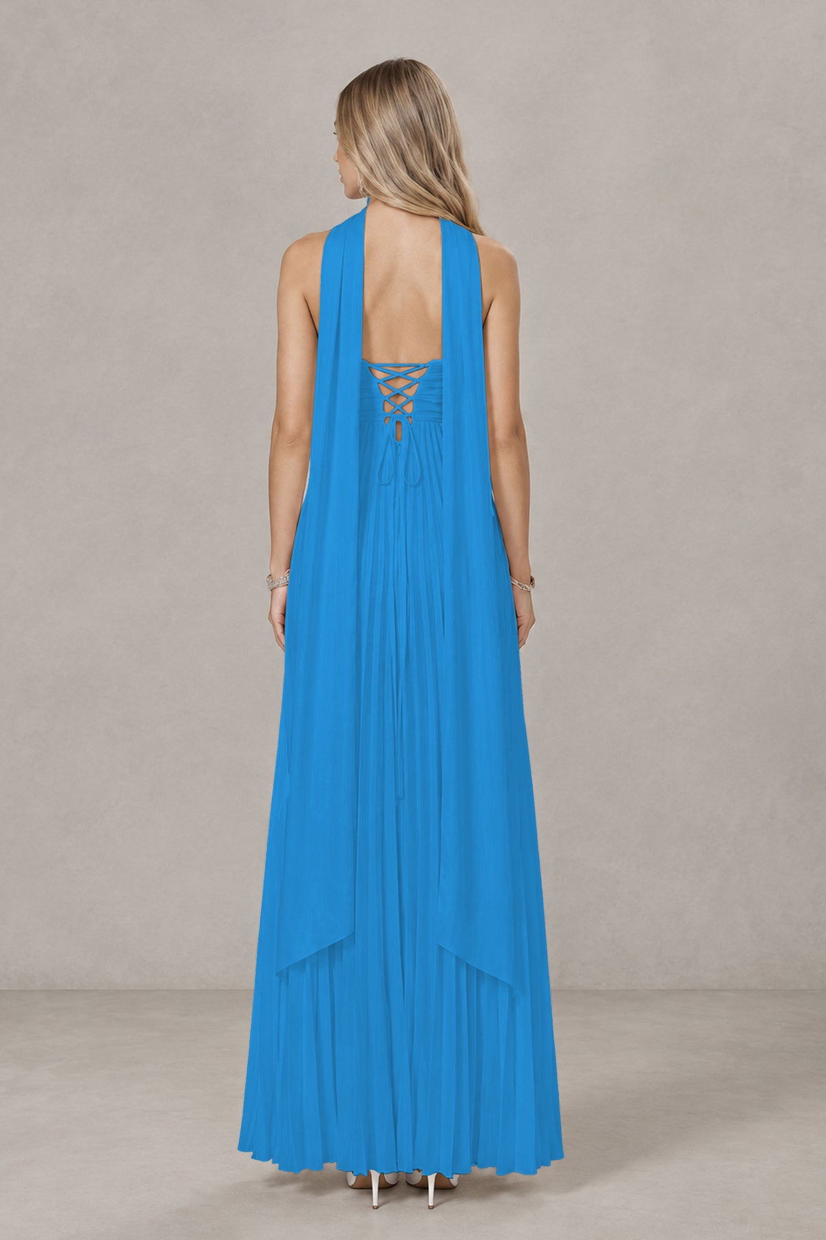 BOLODOO Blue Strapless Chiffon-Look Maxi Dress with Lace-Up Back & Cape - Blue