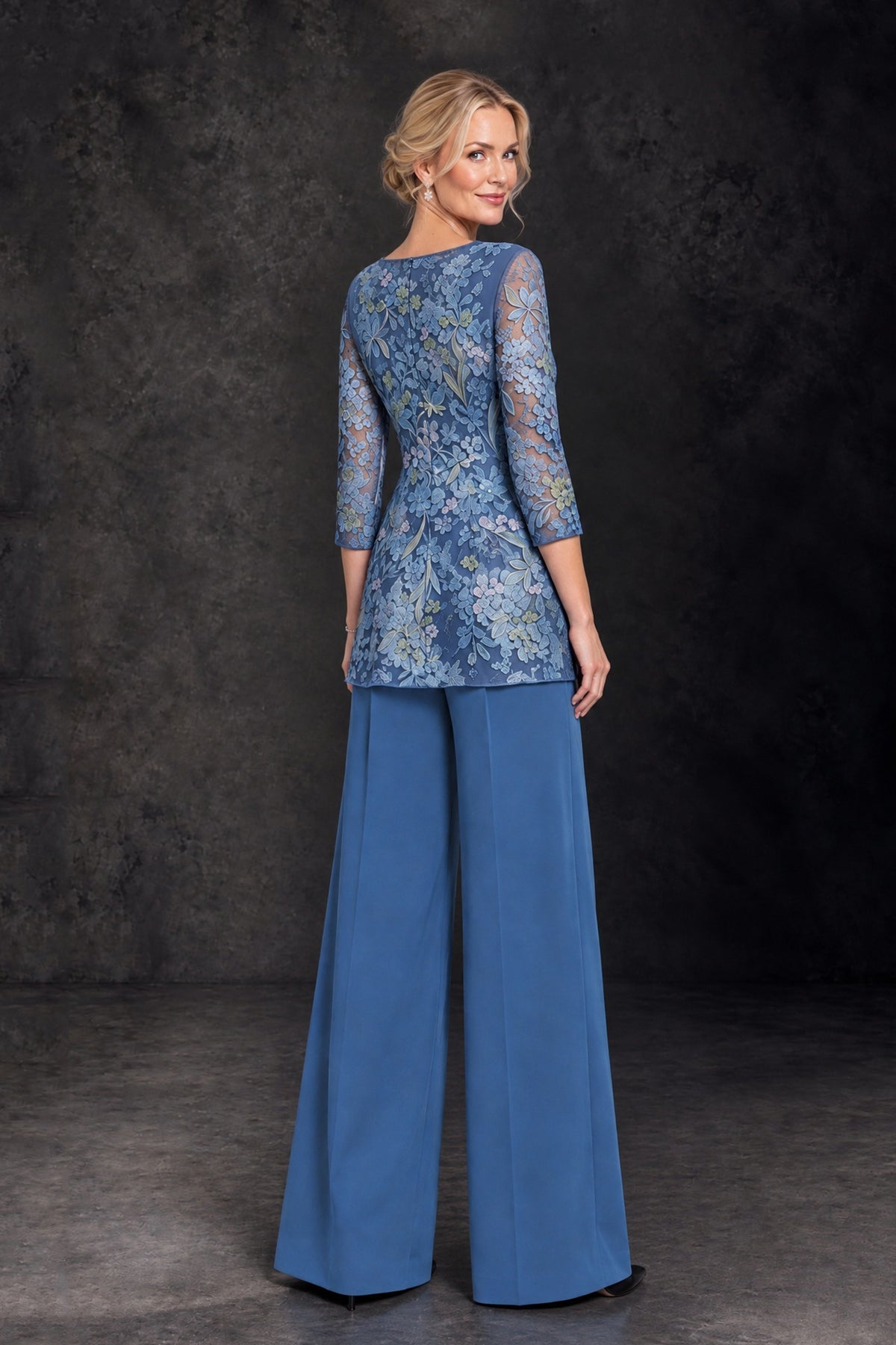 BOLODOO Blue Floral Mother of the Bride Pant Suit with Wide-Leg Pants - Blue - Blue (2)