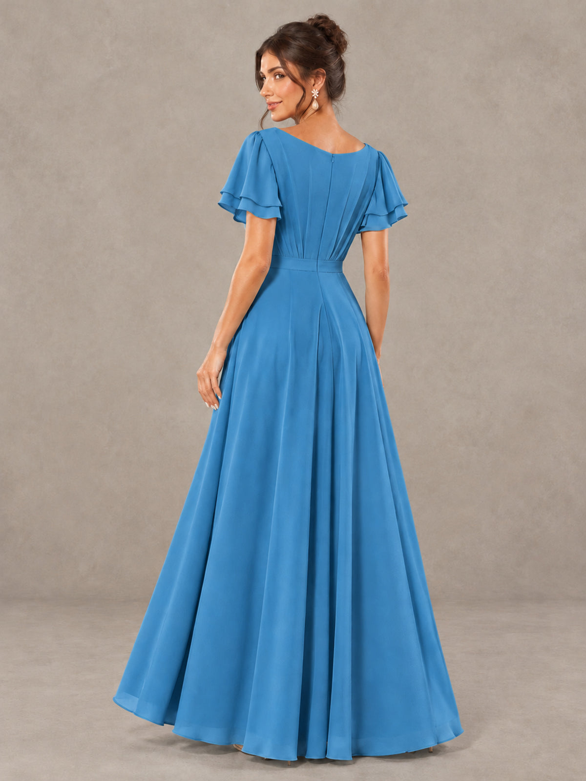 BOLODOO Blue Flutter Sleeve Ruffle Bridesmaid Dress with Slit - Blue - Blue (2)