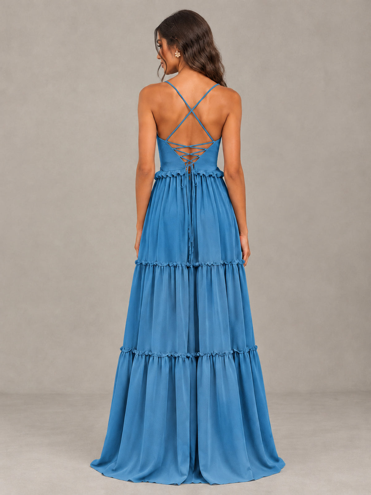 BOLODOO Blue Tiered V-Neck Lace-Up Back Bridesmaid Dress - Blue - Blue (2)