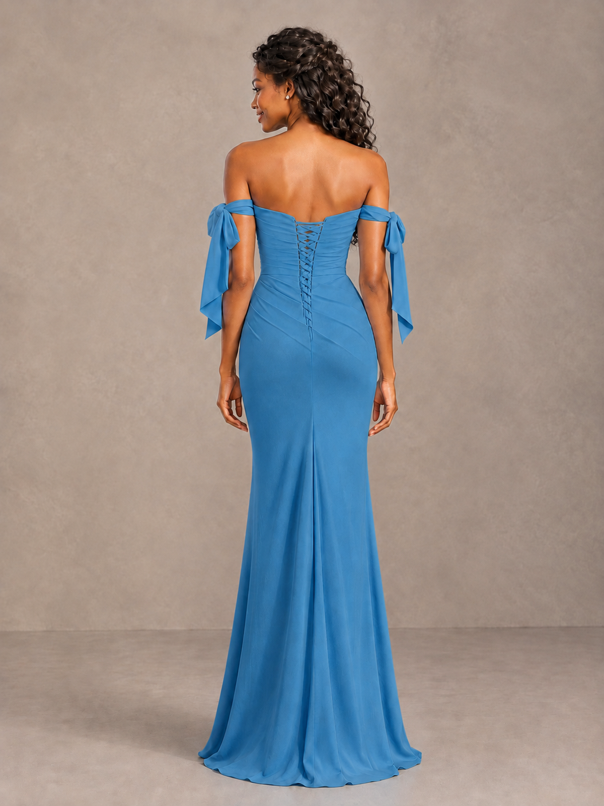 Blue Off-Shoulder Bow Bridesmaid Dress with Slit - Blue - Blue (2)