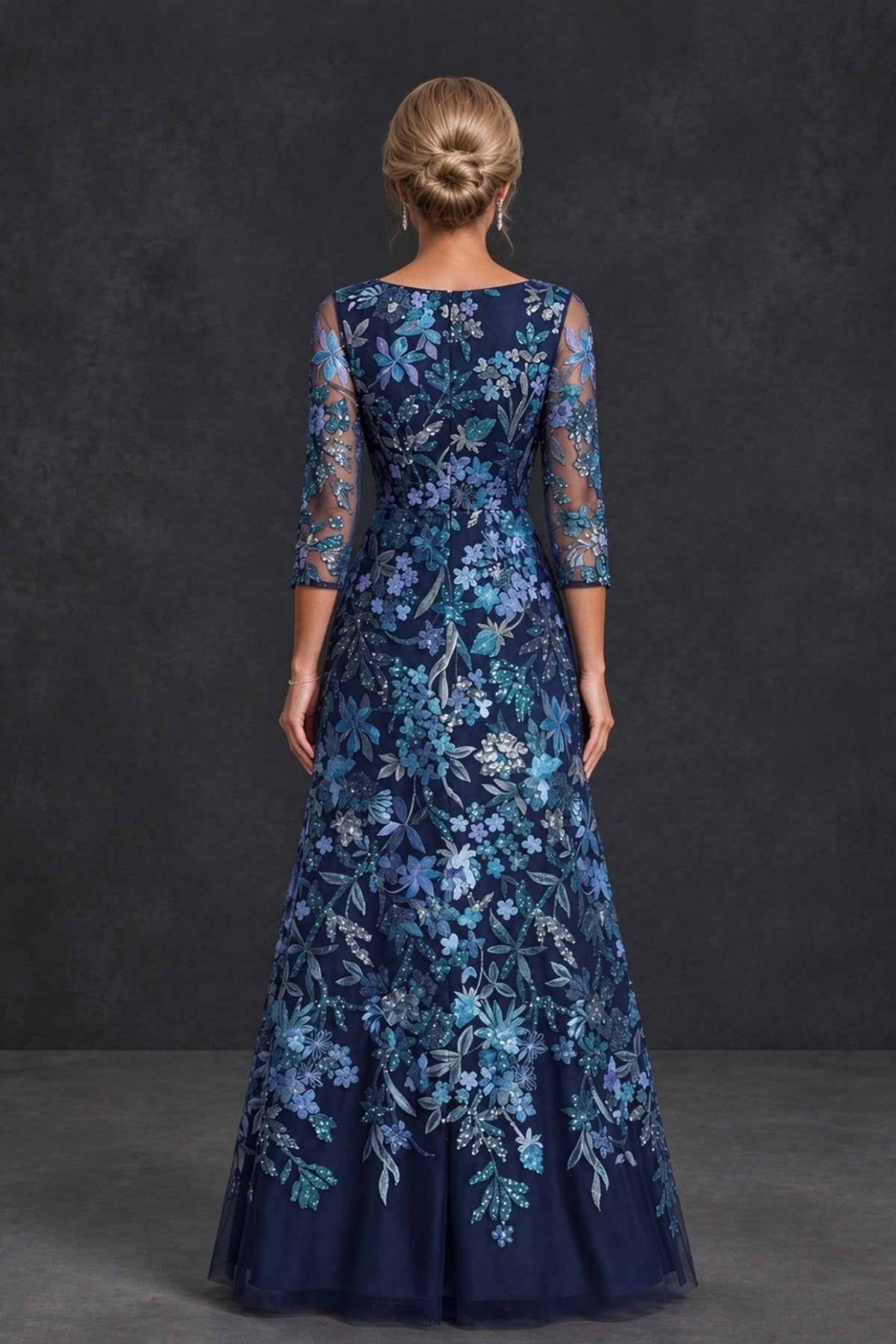 BOLODOO Blue Floral Embroidered Mother of the Bride Dress with 3/4 Sleeves - Blue - Blue (2)