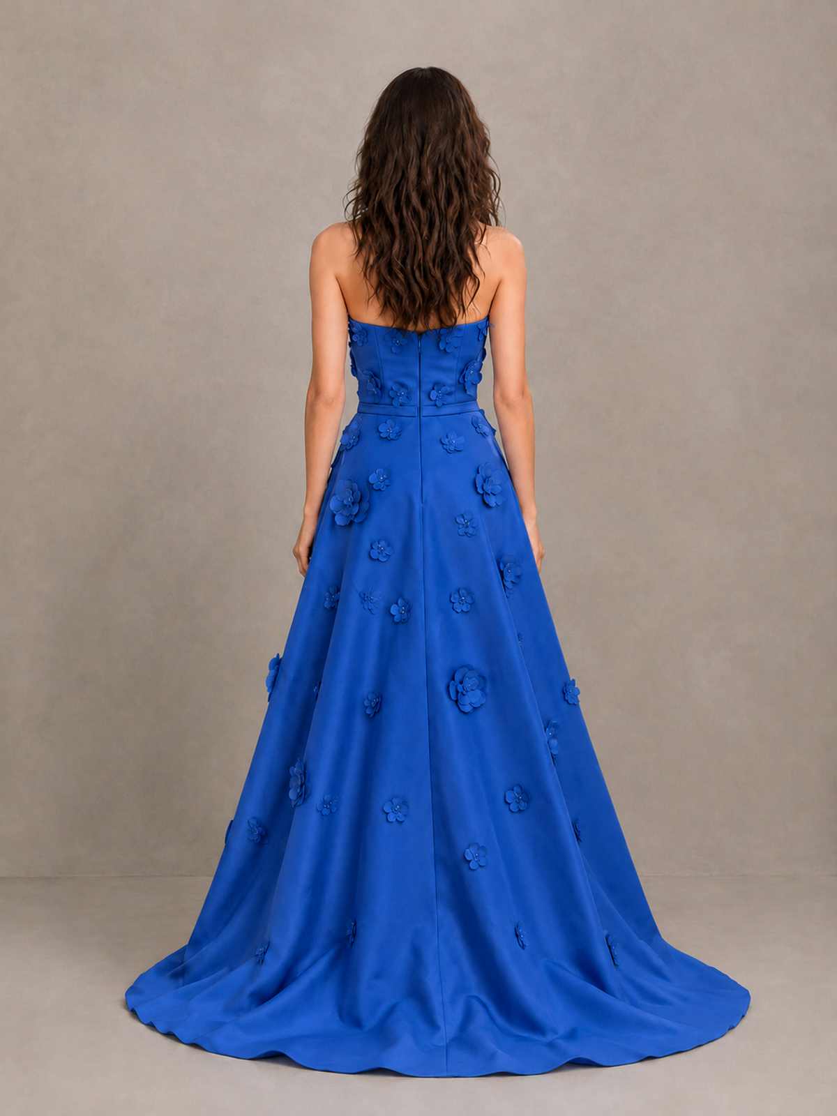 BOLODOO Blue Strapless 3D Floral Applique Prom Gown with Draped Skirt - Blue - Blue (2)