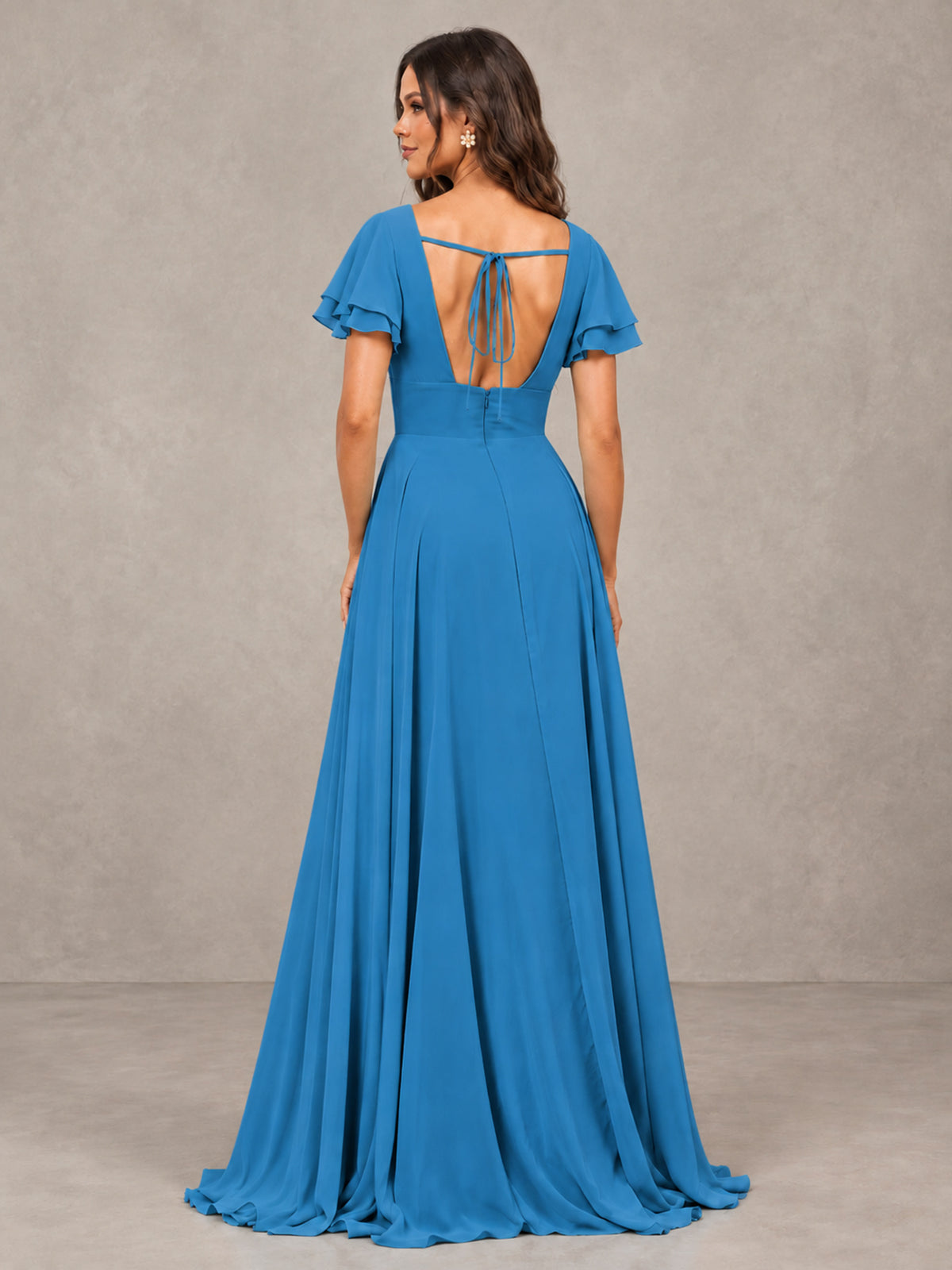 BOLODOO Blue Flutter Sleeve Chiffon A-Line Maxi Bridesmaid Dress with Open Back & Slit - Blue - Blue (2)