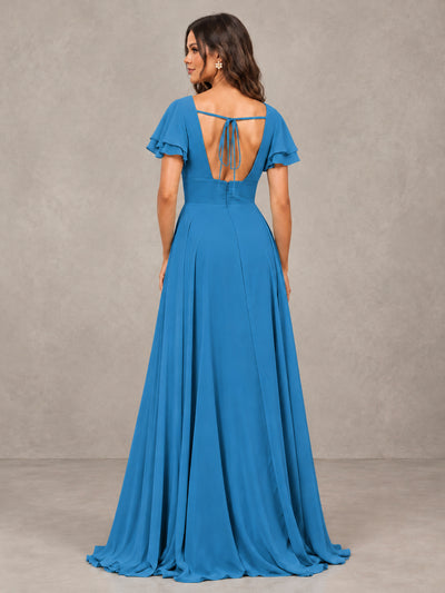 BOLODOO Blue Flutter Sleeve Chiffon A-Line Maxi Bridesmaid Dress with Open Back & Slit - Blue - Blue (2)