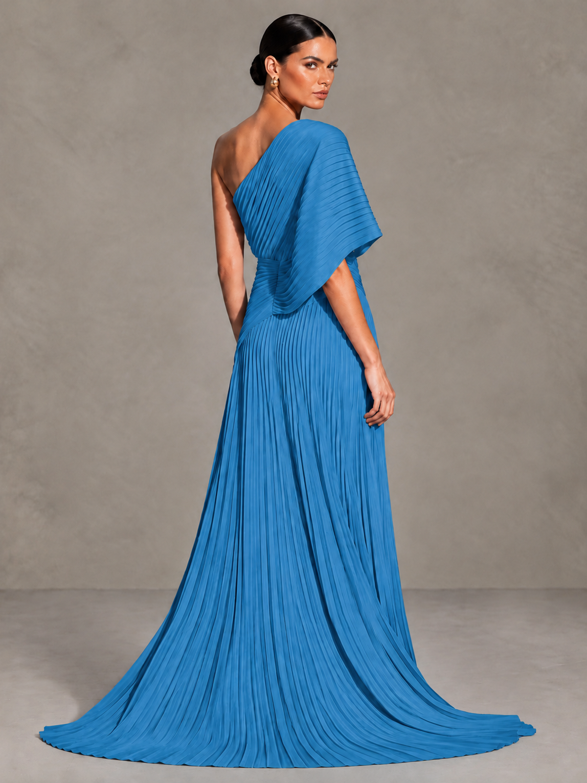 BOLODOO Blue One-Shoulder Pleated Cape Evening Gown with Train - Blue - Blue (2)