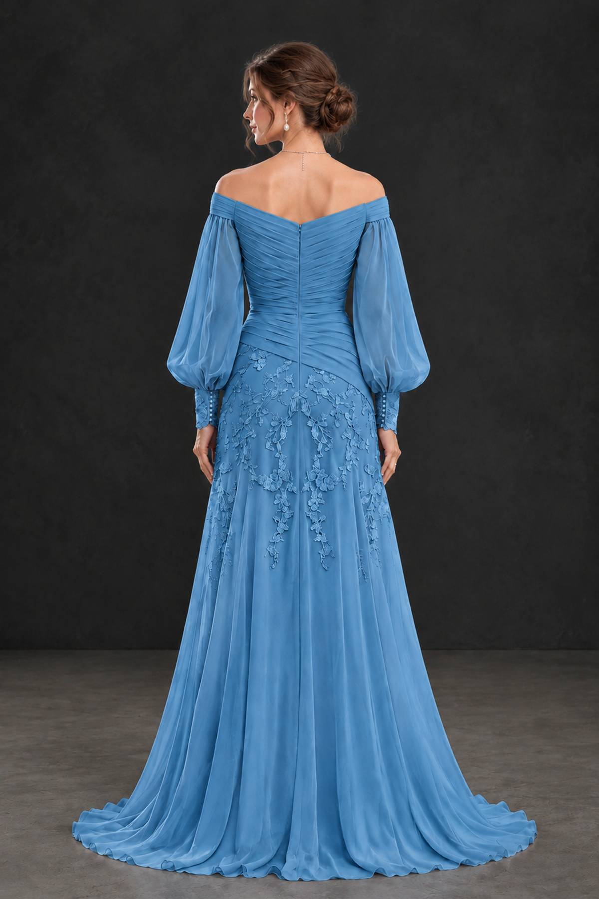 BOLODOO Blue Long Sleeve Mother of the Bride Dress with Floral Appliqués - Blue - Blue (2)