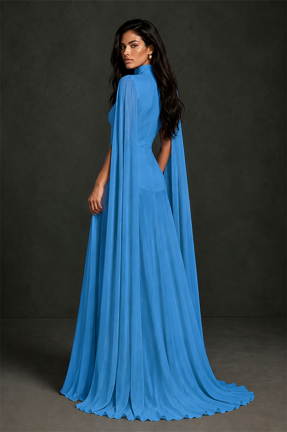 BOLODOO Blue Mock Neck Cape Sleeve A-Line Chiffon Maxi Dress - Blue - Blue (2)