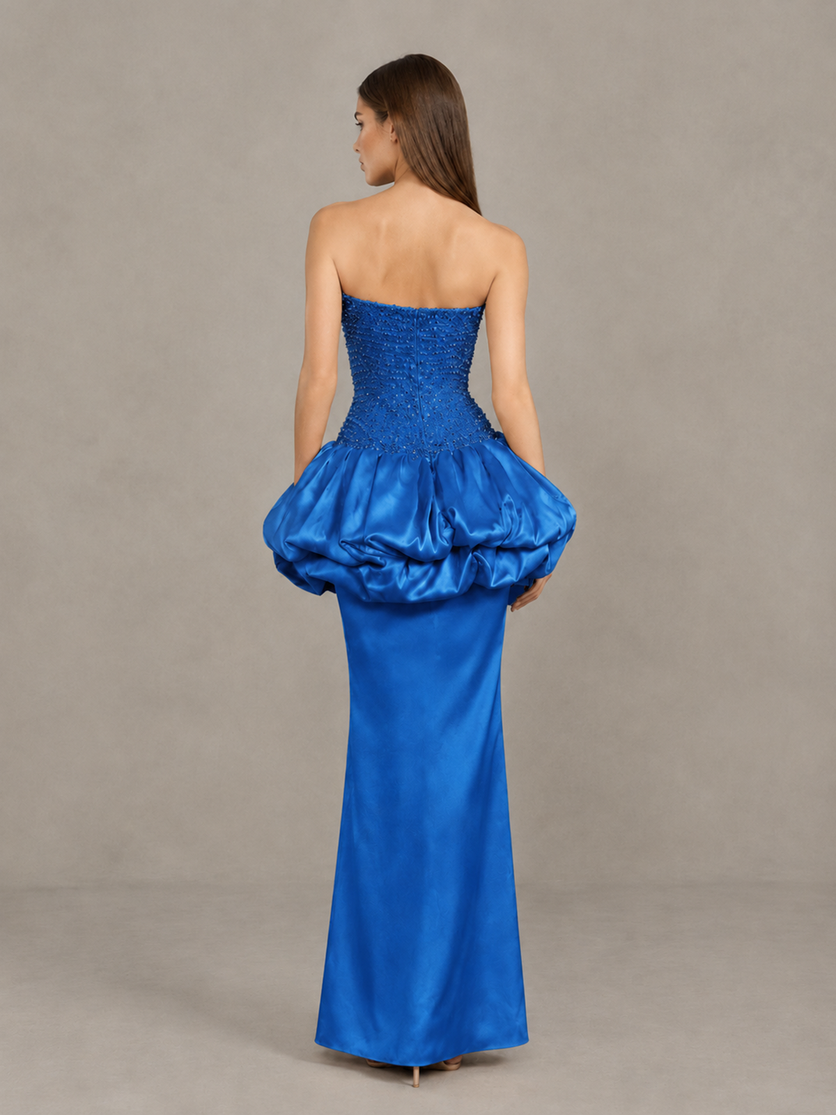 BOLODOO Blue Strapless Embellished Bubble Peplum Evening Dress - Blue - Blue (2)