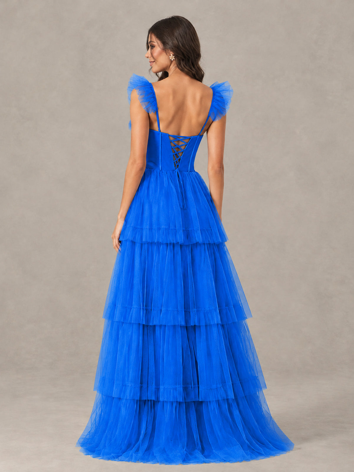 BOLODOO Blue Tiered Tulle Bridesmaid Dress with Slit - Blue - Blue (2)